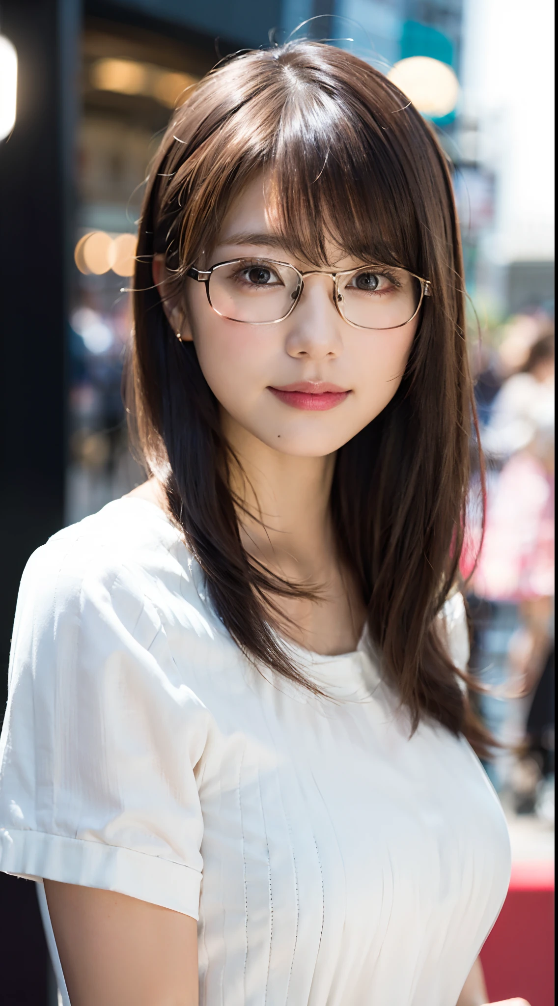 (10、RAW photography、最高品質、master-piece:1.2)、(Reality、real light:1.37)、ultra-detail、超High resolution、1 girl、Watch the audience、beautiful detailed face、smile、constriction、(slim waist) :1.3)、((Thin white shirt, fine texture, beautiful skin.、skin texture、floating hair、((I'm a bunch of one.))、Big breasts with a good shape.、Professional lighting、In front of the station at noon.、((Black square glasses))、The entire human body、brunette hair、((I'm on the phone.))、