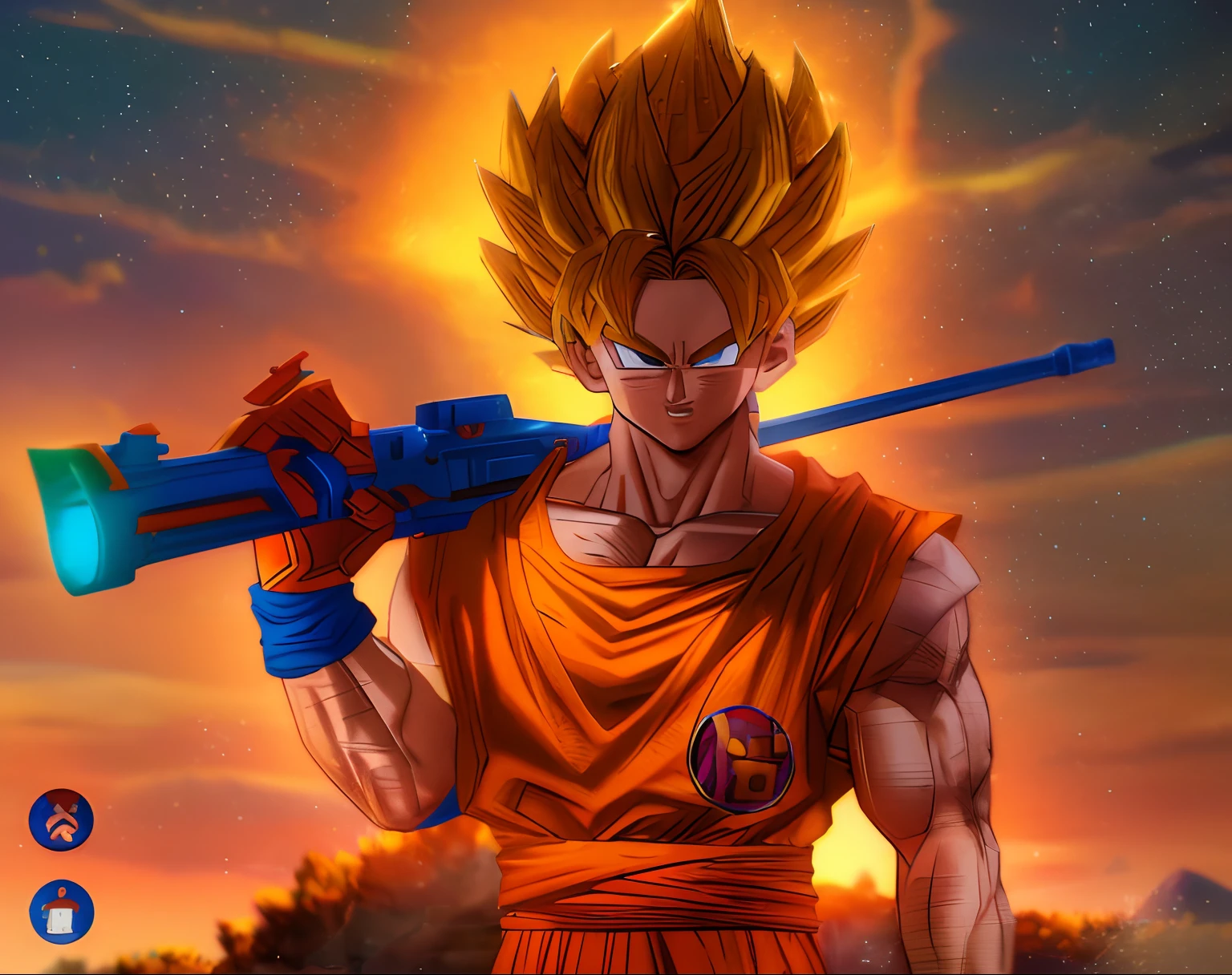 dragon ball z goku is holding a gun and a rifle, photorealistic human goku, goku in fortnite, goku from dragon ball z, super saiyan goku, goku from dragon ball, highly detailed portrait of goku, human goku, goku from dragonball z, son goku, goku, portrait of goku, super saiyan, anime highly detailed, goku portrait, female goku