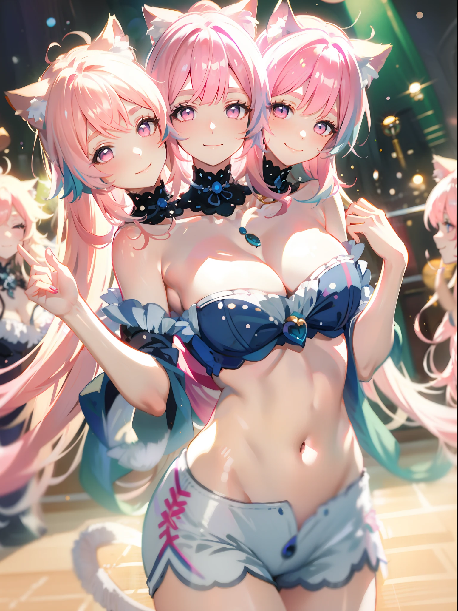 (masterpiece, best quality), best resolution, (3heads:1.5), 1girl, kokomi character, catgirl, pink hair, cat ears, pink eyes, smiling, giggling, friendly, inviting, white tube top, blue short pants, nightclub, dance floor