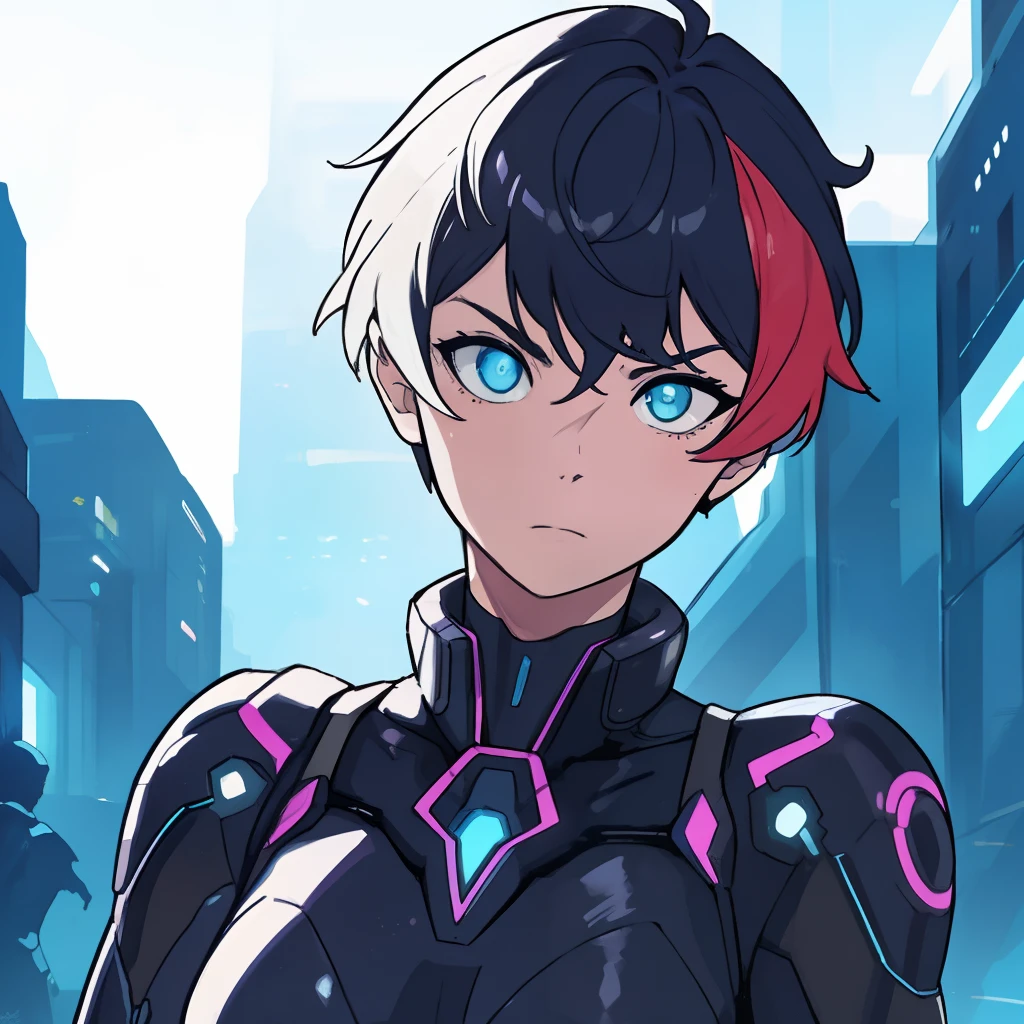 Man or woman,detailed portrait, realistic shading, intense gaze, short hair, dynamic pose, vibrant colors, traditional style, strong and confident expression, futuristic clothes, futuristic atribut, focused eyes, no background setting, strong lighting contrast,normal potrait pose