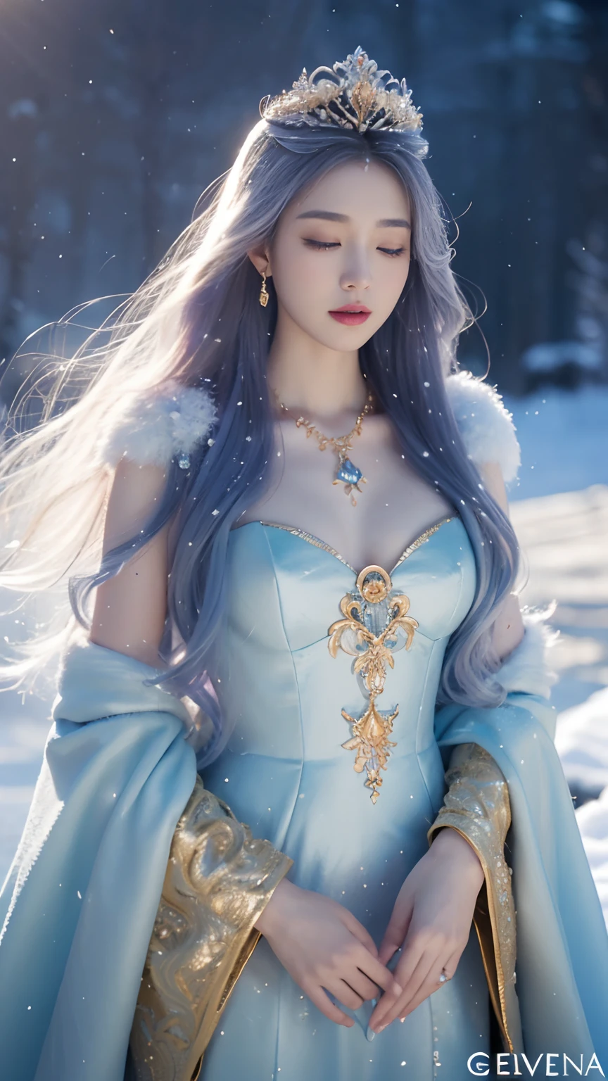 There was a woman in a golden dress,Wearing a necklace,((a beautiful fantasy empress).inspired by Sim Sa-jeong,Azure.detailed hairs,winter snow falling princess,LCE Princess,Guvez-Steville artwork,8K)),fantasy aesthetic!.Guviz,Ice Queen,8k high-quality detailed art.