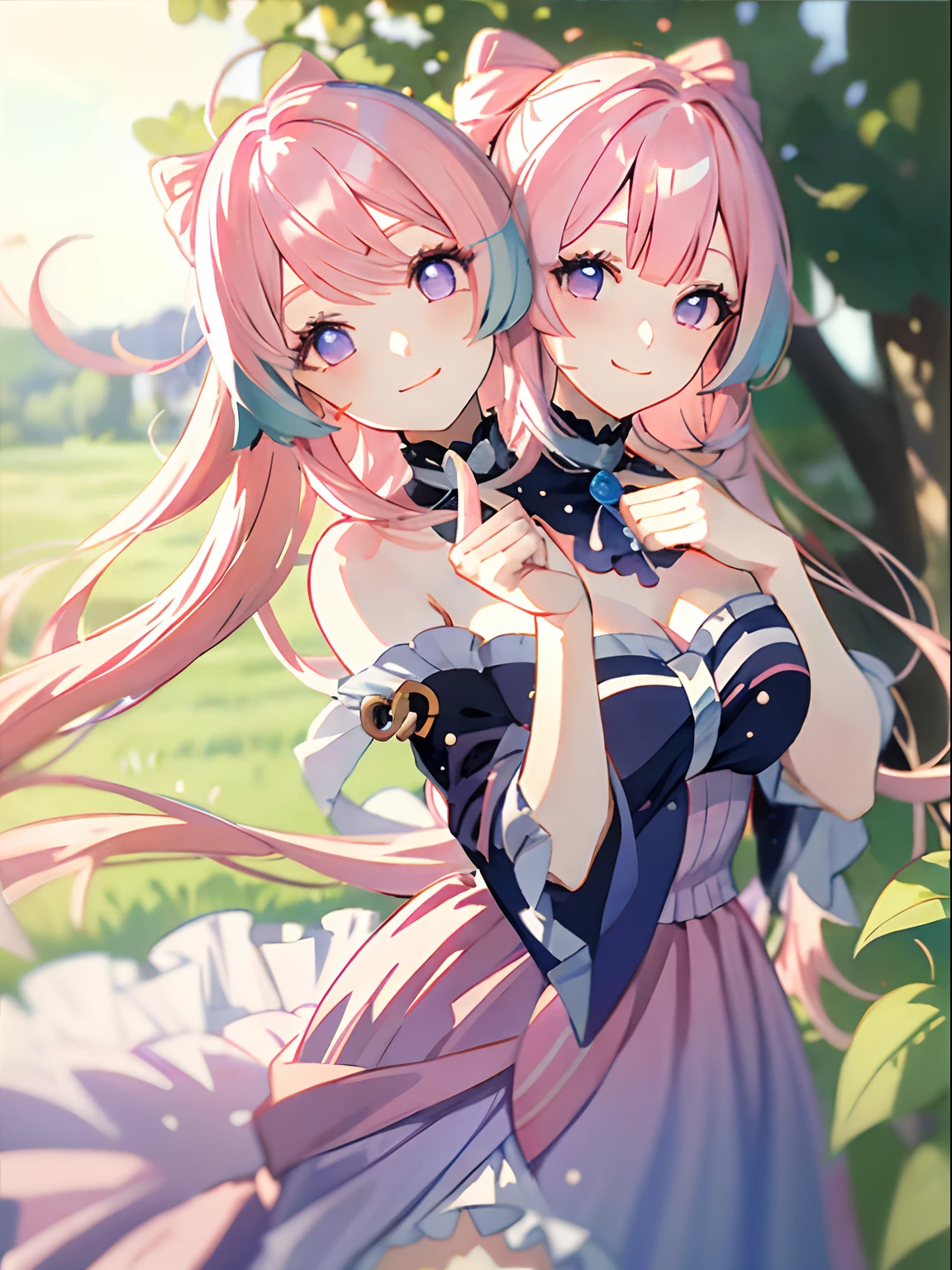 (masterpiece, best quality), best resolution, (2heads:1.5), 1girl, kokomi character, anime girl with two heads, long pink hair, purple eyes, different facial expressions, right head smiles, eyes wide open, left head mouth open, right head rubbing cheek with left head, cute sassy, happy, long pink and blue dress, thumbs up,