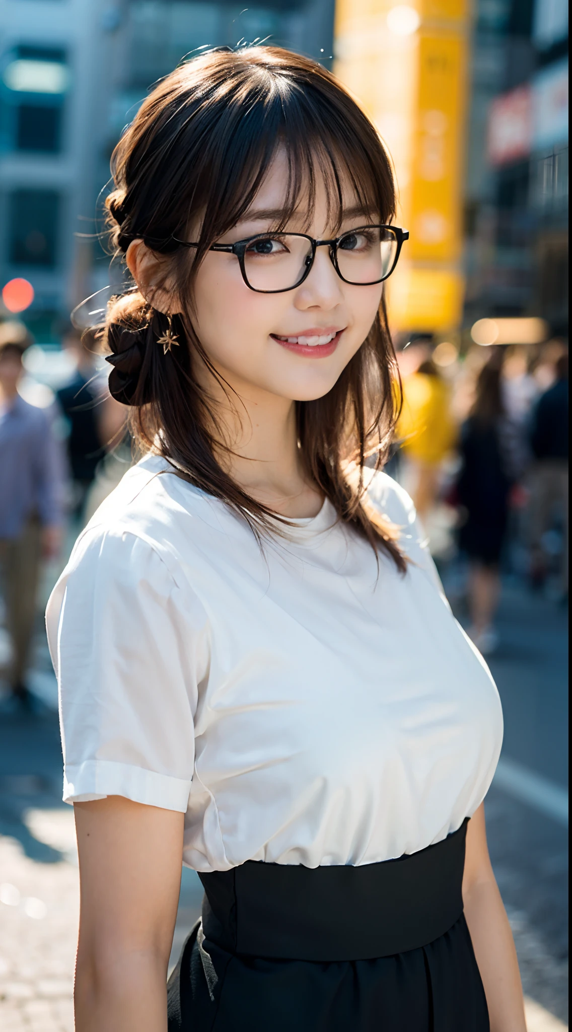 (8K、Raw photography、top-quality、masterpiece:1.2)、(realisitic、Photorealsitic:1.37)、ultra-detailliert、超A high resolution、1人、see the beholder、beautifull detailed face、A smile、Constriction、(Slim waist) :1.3)、blancheTThe shirt、Beautiful detailed skin、Skin Texture、Floating hair、Professional Lighting、In the street、Rimmed glasses、Whole human body、Brown hair