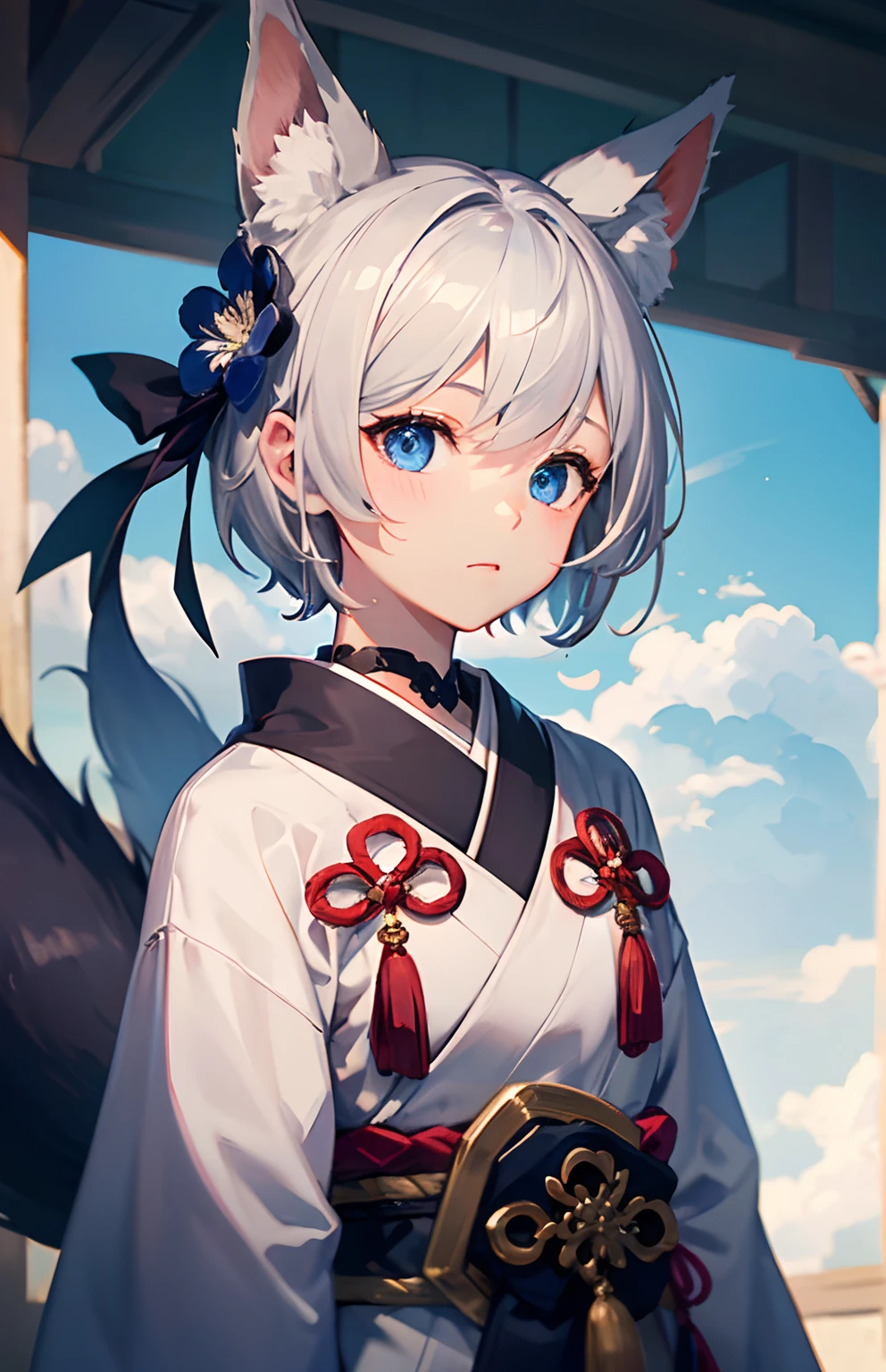 masterpiece,Top image quality,hight resolution,imagem 4k,Raw photo,Photorealsitic,{Solo},teens girl,silber hair,Bery short hair,stare at each other,Blue eyes,小柄,Silver fox ears,Fox tail,,,,boyish,Onmyoji,,,,,