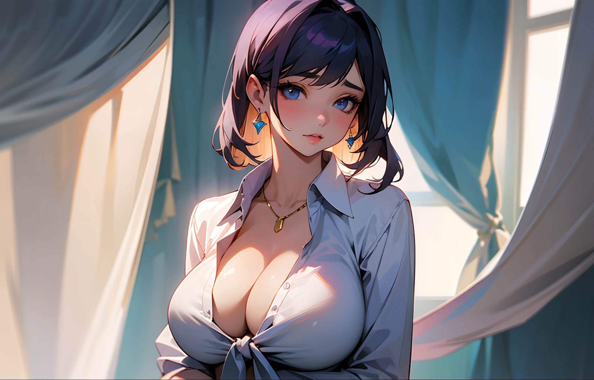 1girl, hair, breasts, cleavage, curtains, earrings, front-tie_top, jewelry, large_breasts, lips, looking_at_viewer, shirt, solo, tied_shirt, upper_body, shirt