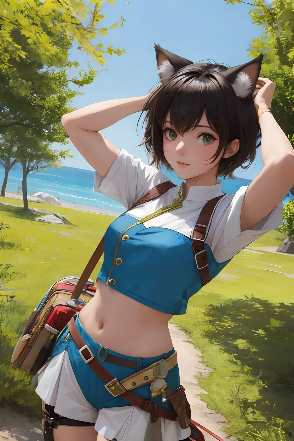 Girl doing adventure　adventurer　cute little　Tricolor cat　Fantasia　Have a slightly shorter sword　walk