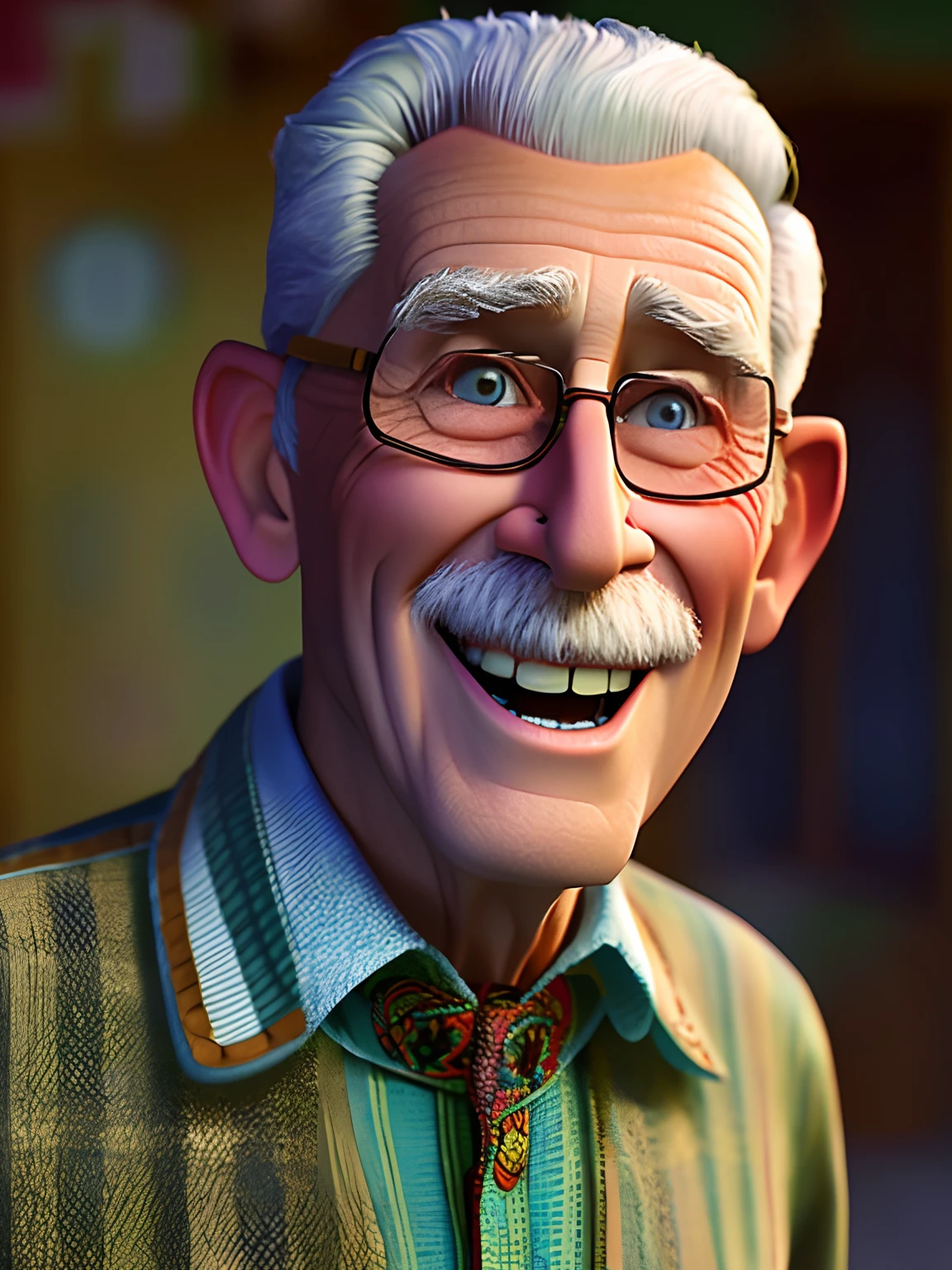 Pixarstyle A waist-high portrait of an elderly man with social clothes, smile, natural skin texture, 4K textures, HDR, intricate, highly detailed, sharp focus, cinematic look, hyper-detailed