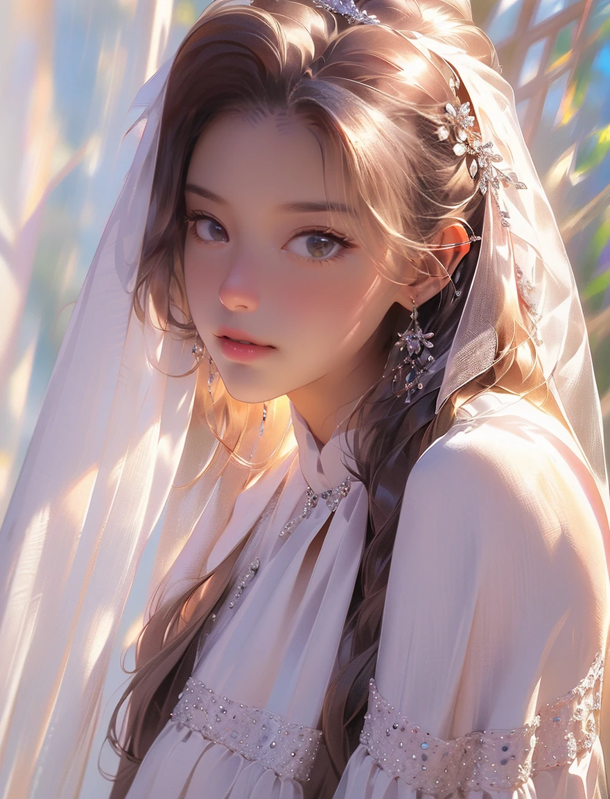 (Masterpiece), best quality, highest quality, highly detailed CG unity 8k wallpaper, original, high resolution, (depth of field: 1.5), fidelity: 1.3, breasts, bride portrait style, 1 girl, curtains, veil , bridal veil, wedding dress, curtains, jewelry, solo, earrings, teeth, bride, black_hair