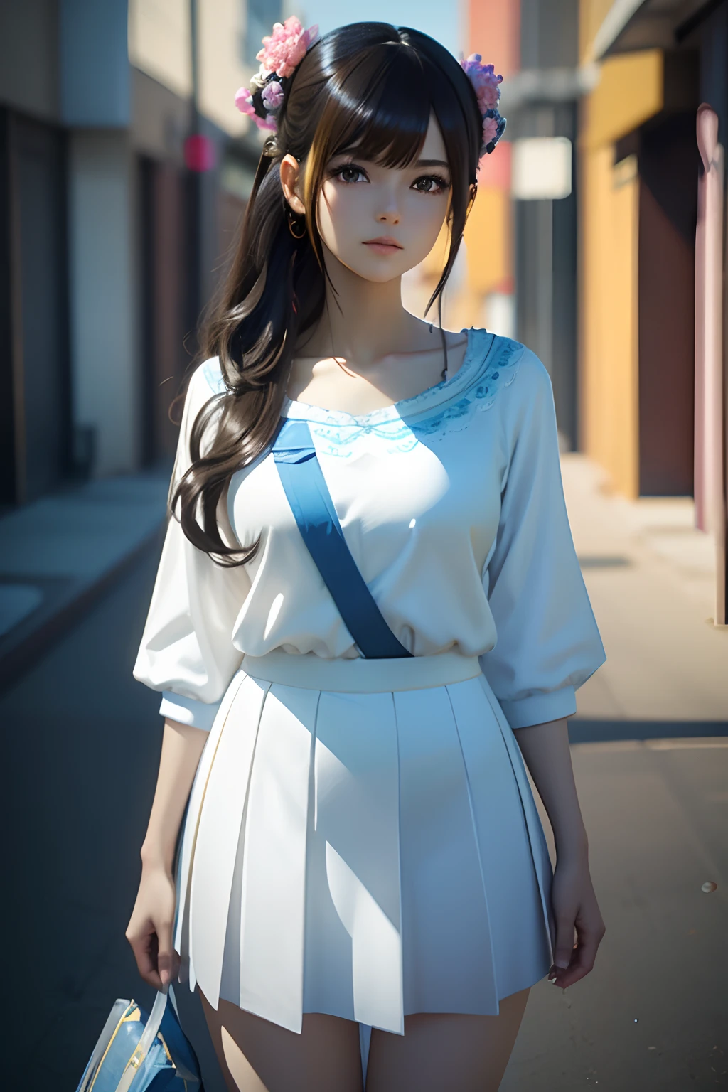 High Quality, 4K, In Frame, Close Up Portrait of Black Hair Woman in White Shirt and Light Blue Skirt, Photorealistic Anime Girl Render, Cute 3D Anime Girl Render, April Rendering, Anime VTuber Full Body Model, Full Body Xianxia, Live2D Virtual Youtuber Model, Smooth Anime CG Art, Realistic Portrait Full Body Realistic anime 3D style, photorealistic full body --auto