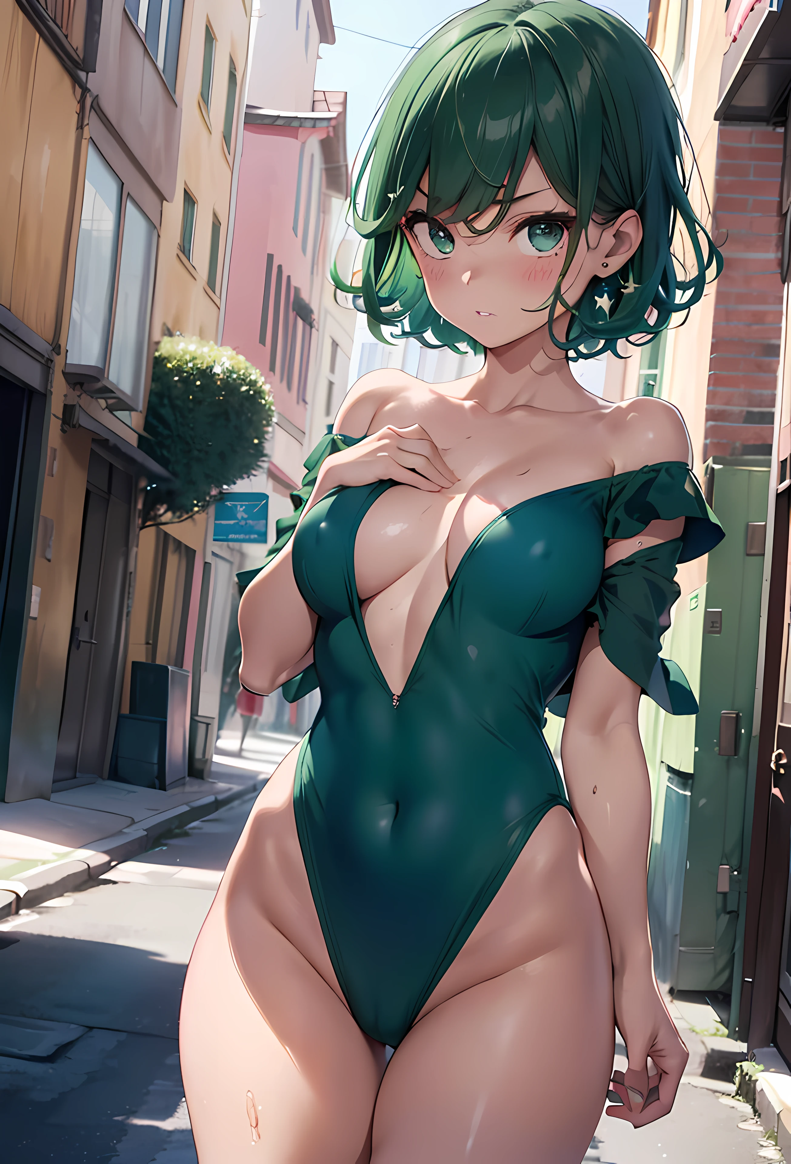 (top-quality, 4k), 1 girl, tatsumaki, Short Hair Hair, Green hair, , slender body, ultra detail face, Detailed lips, Slender eyes, gown, stands, enticing, excited,, steam, frombelow Don't wear panties, small tits, pointed breast beautifull hands both hands over normal hands Two arms complete hands Beautiful body Beautiful Finger normal fingers Five Fingers Beautiful ears Ordinary ears、 beautidful eyes radiant eyes Beautiful mouth Sheer with beautiful lips Chest thrusting pose Areola showing through exposed breast Nipple protrusion Nipple protrusion Clothes with showing through Clothes with part of the chest slipped off Nipple protrusion :2.0 Petite bust no-bra No panties Crotch bite Precise human body structure complete fingers Pink pink areolae Green hair tiny chest Wet and see-through green clothes Off-shoulder clothes that are wet and see-through (place々Woman in torn green clothes) (place々Woman in torn off-the-shoulder clothes) Clothes that show through the Clothes with one part of the chest sliding off Nipple protrusion Petite bust no-bra Panties Crotch bite Crotch split Lustful Feeling ecstasy Sweating Wet texture Beautiful small breasts pink nipples Pink areola ((((Electric Vibrator))))、((((The vibrator is fixed in the crotch of a woman))))、(((The rotor is mounted on both chests)))、((panting、Wheezing))、convulsions、(((Squirting)、I'm 、Kimesek、Blushing Back alley Standing