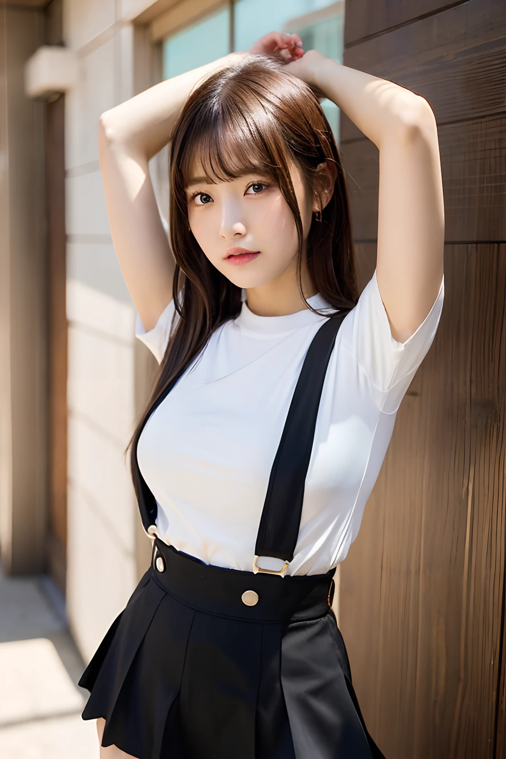 masterpiece、flat-colors、depth of fields、lens flare 1 girl、、Brown hair、watching at viewers a belt black suspenders bulging big breasts Armpit sweat perspiring Side of both hands walls: Black pants, Gaze Small face Bangs Upper Eyes flank a miniskirt garters