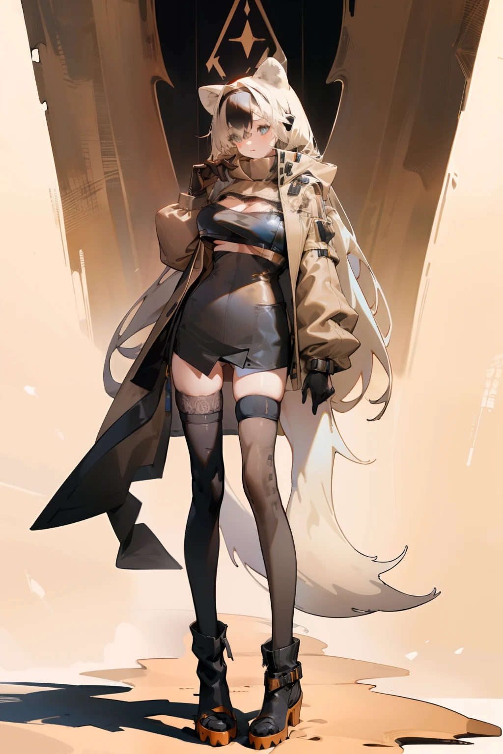 pointy ears，Long beige hair，one-girl，Bigboobs，fox ear，Two legs，Black over-the-knee stockings，Wear a scarf，Lace，wearing headphone，Long trench coat，Functional style clothing，Long leather boots，Leather clothes，lace panty，white colors