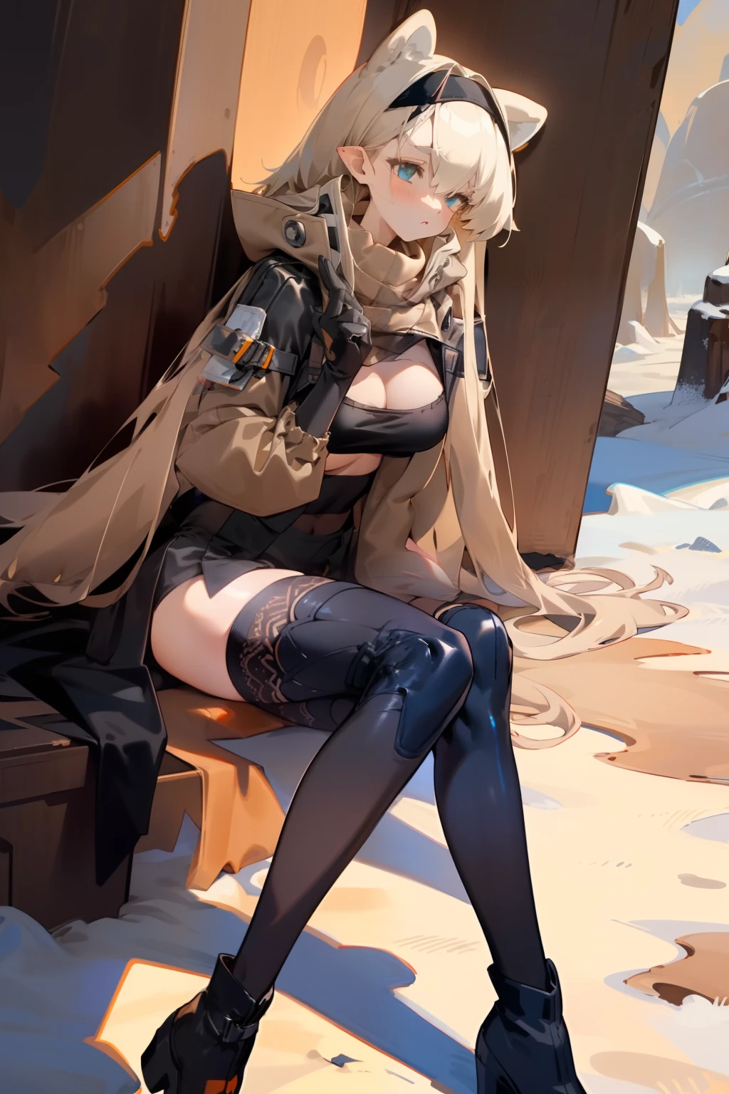 pointy ears,Long beige hair,one-girl,Bigboobs,fox ear,Two legs,Black over-the-knee stockings,Wear a scarf,Lace,wearing headphone,Long trench coat,Functional style clothing,Long leather boots,Leather clothes,lace panty,white colors