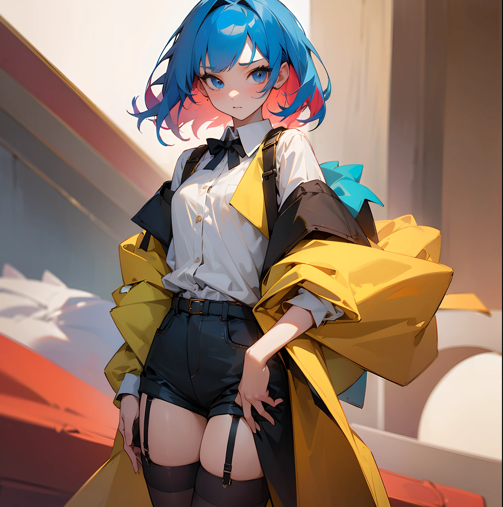 Masterpiece, Best Quailty, Youth Comics |Seinen Manga, solo focus, areola|areola slip, rainbow, cyan|cyan off-the-shoulder top|off-shoulder shirt, gun|gun, boo gesture|shushing, Taoism,