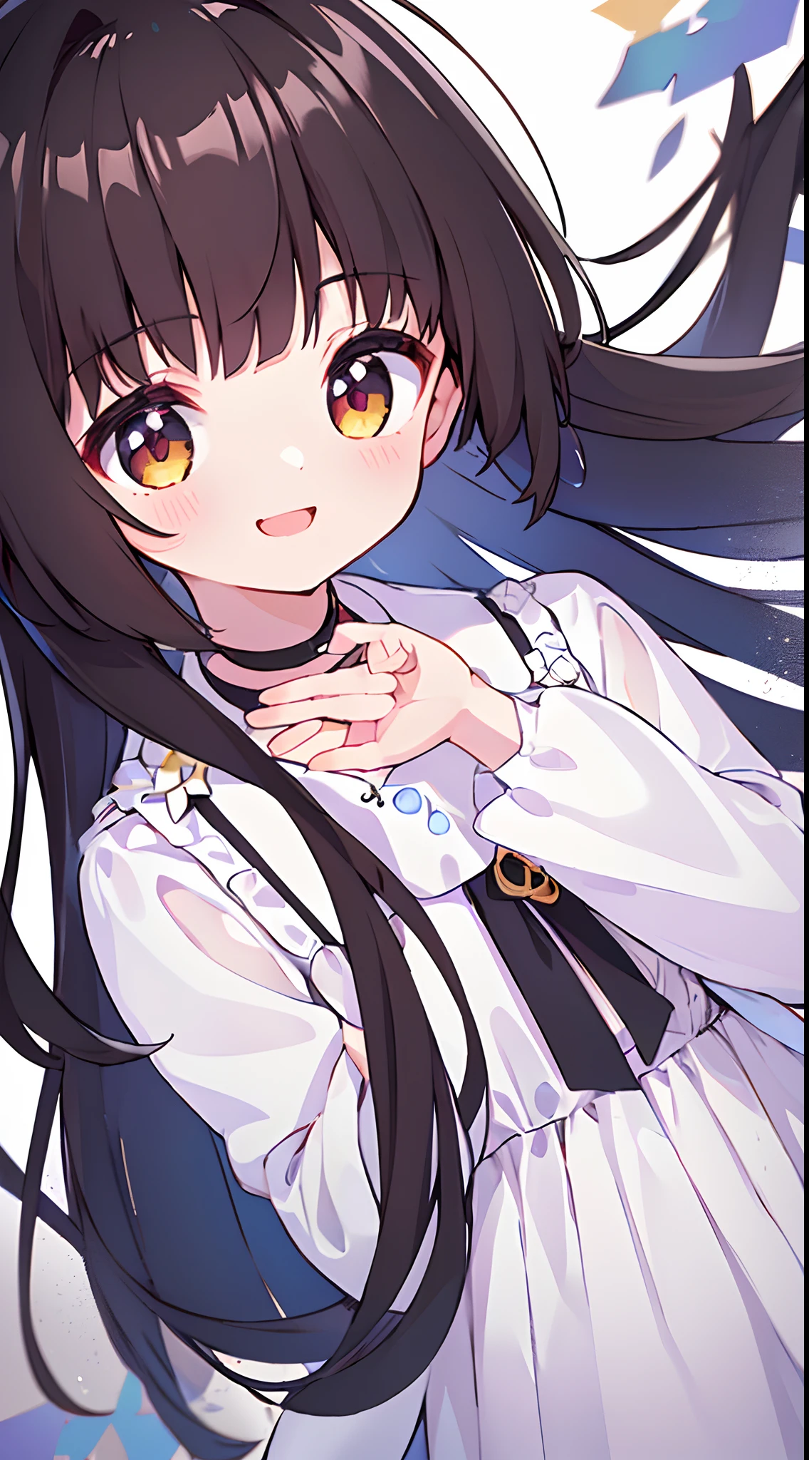 ((Masterpiece,8K,Top image quality,hiquality,Best Quality))girl1,(((1人))),Lori,cute little,Dark hair,M-shaped bang,Golden Eyes,1人,single,White dress with long sleeves,ren,Transparent,a smile,full bodyesbian,