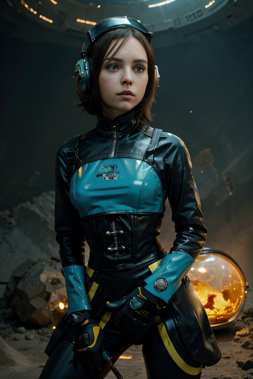 A Cracy Toon Rocketeer Space Girl like Christina Ricci with helmet, tongs in hands, Tv head, pinhead, Black and Yellow Pink Cyan Rusty, Ambient in a meteorite crater super detailed, center, beautiful, soft lighting, focused on the character, 4K resolution, photorealistic rendering,