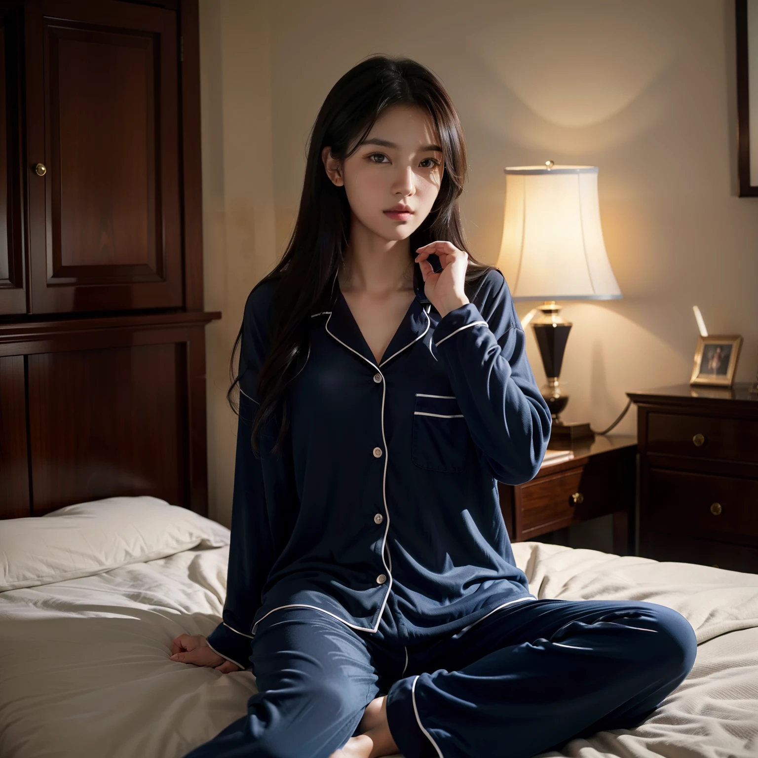 top-quality, masterpiece, 超A high resolution, 8K, Unripe, (photographrealistic:1.4), physically-based renderingt, depth of fields, Look at viewers, A slender, (sitting on:1.1), In the luxury bedroom, detailed beautiful faces, 1 rapariga, cute little, 年轻,, Large black eyes, Black hair Long hair,Pajama luxury, (s Pajamas:1.3),s Pajamas,high-class sense,