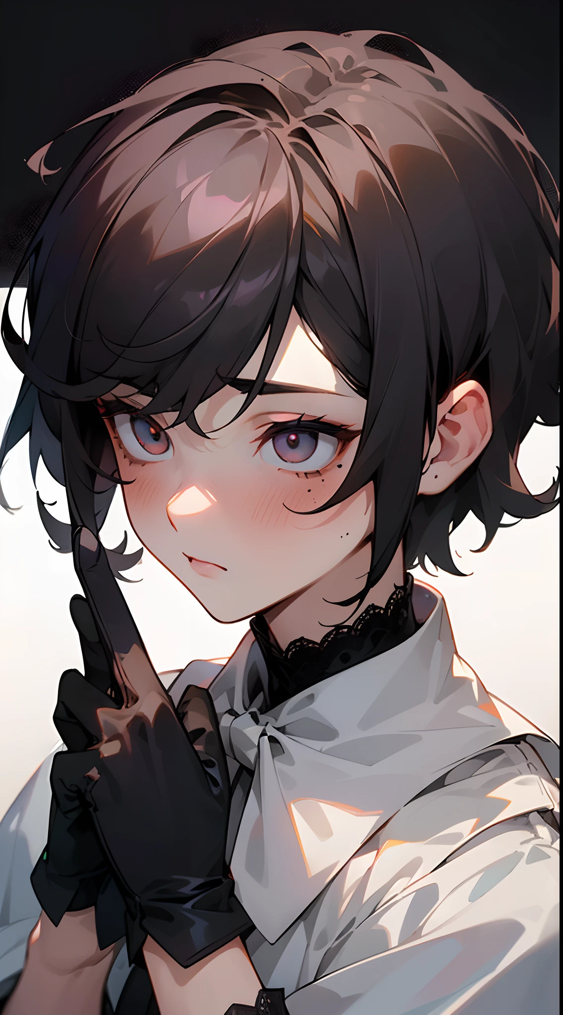1boy, beautiful piece, (wearing white ruffle shirt with a black bow strand), (black hair: 1.2), ((black and white eyes: 1.4)), (wearing black lace gloves), (wearing pearl bracelet on glove), ((beautiful face: 1.2)), (detailed face: 1.2), (blushing: 1.2), (shy: 1.2), focus, light background, ((eyes focused away from camrea: 1.4)), ((male)), (masculine: 1.2), perfect lighting, beautiful art, ((Multiple moles on face: 1.4)), ((looking away from camrea: 1.2)), ((feminine: 1.2)), ((short hair)), (male: 1.5)
