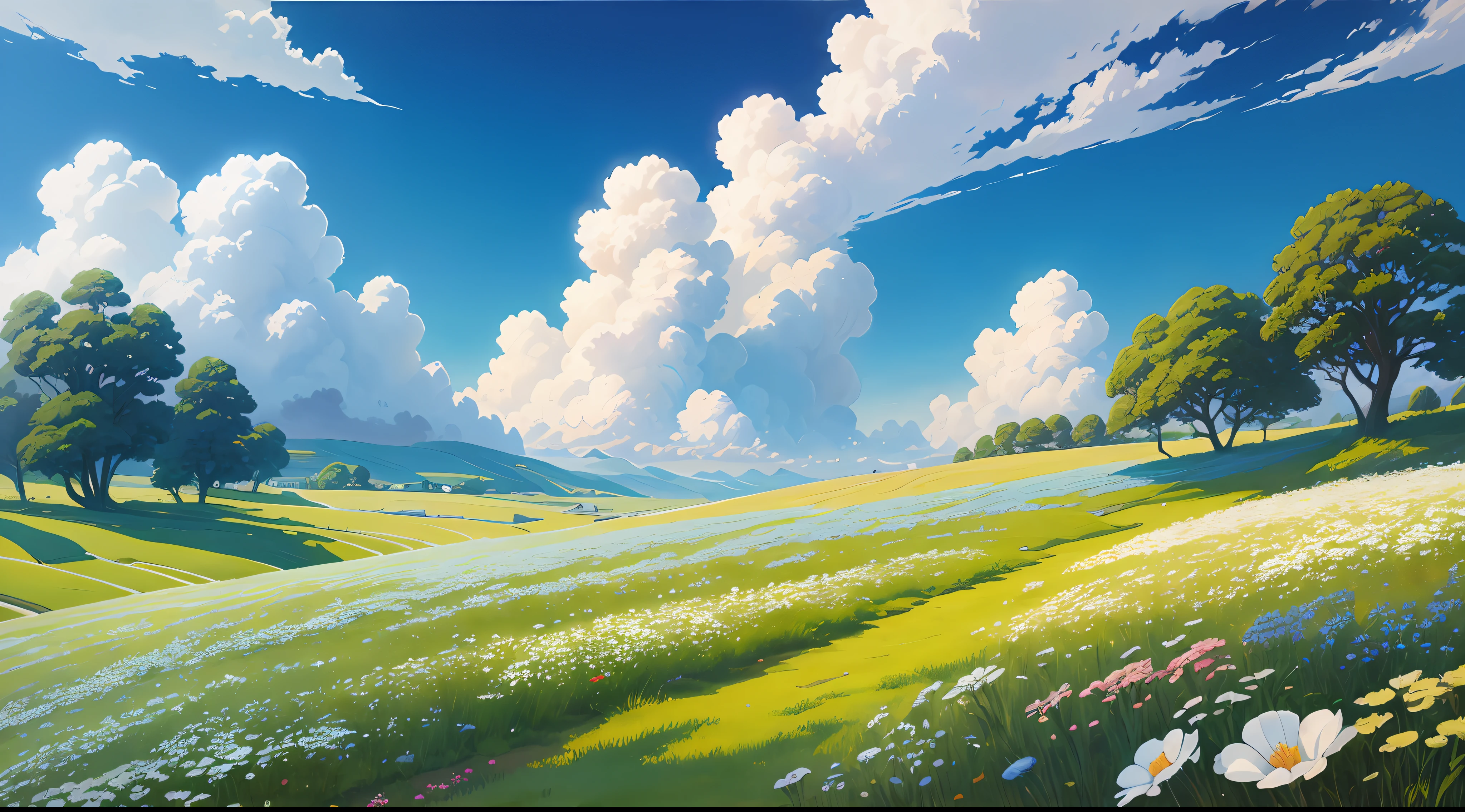 Realistic, authentic, beautiful and amazing landscape oil painting Studio Ghibli Hayao Miyazaki&#39;s petal grassland with blue sky and white clouds --v6