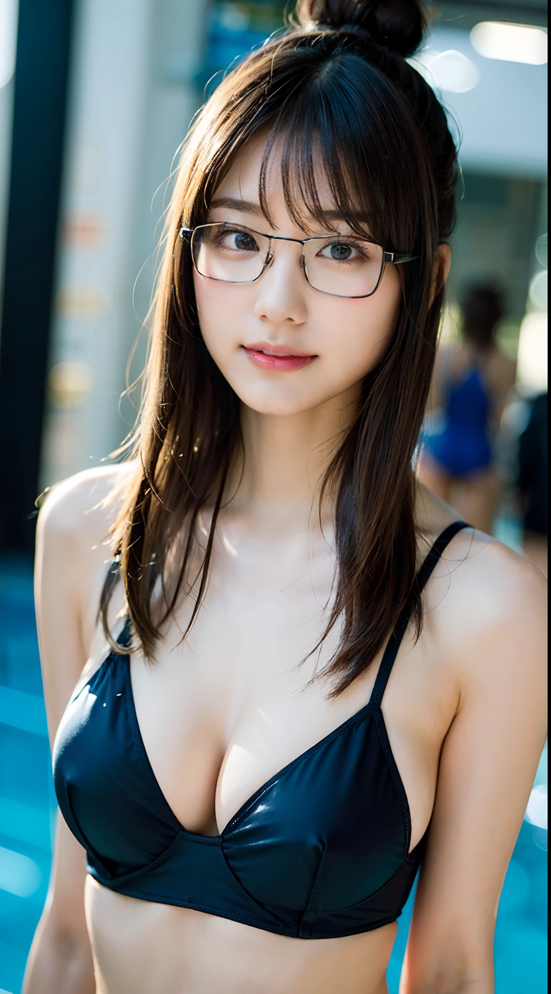 (8K、Raw photography、top-quality、​masterpiece:1.2)、(realisitic、Photorealsitic:1.37)、ultra-detailliert、超A high resolution、女の子1人、see the beholder、beautifull detailed face、A smile、Constriction、(Slim waist) :1.3)、((Small swimwear))、Beautiful detailed skin、Skin Texture、Floating hair、((Hair bunched into one))、large full breasts、Professional Lighting、In front of the station at noon、((Black square glasses))、Whole human body、Brown hair、In public in a swimsuit、showing the navel、Showing the side