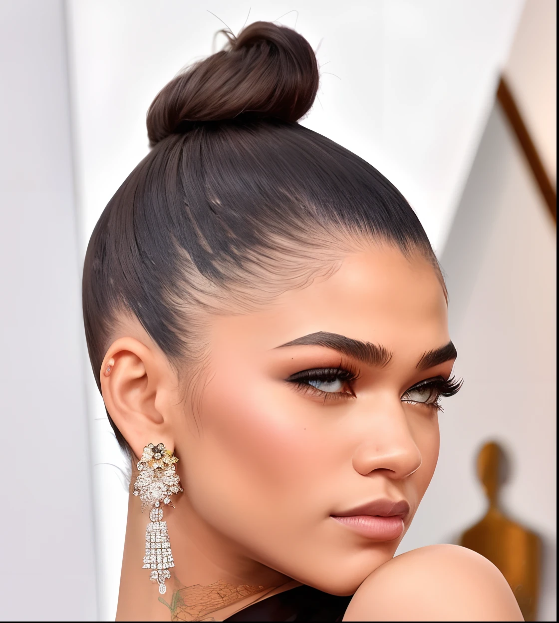 um close up de uma mulher com um bom coque coque, Zendaya, Retrato de Zendaya, "Zendaya, Topknot, Zendaya como She-Hulk, com cabelos escuros amarrados em um coque, cabelo amarrado em um coque, girl with messy bun hairstyle, brasileiro, Penteado meio updo, coque apertado