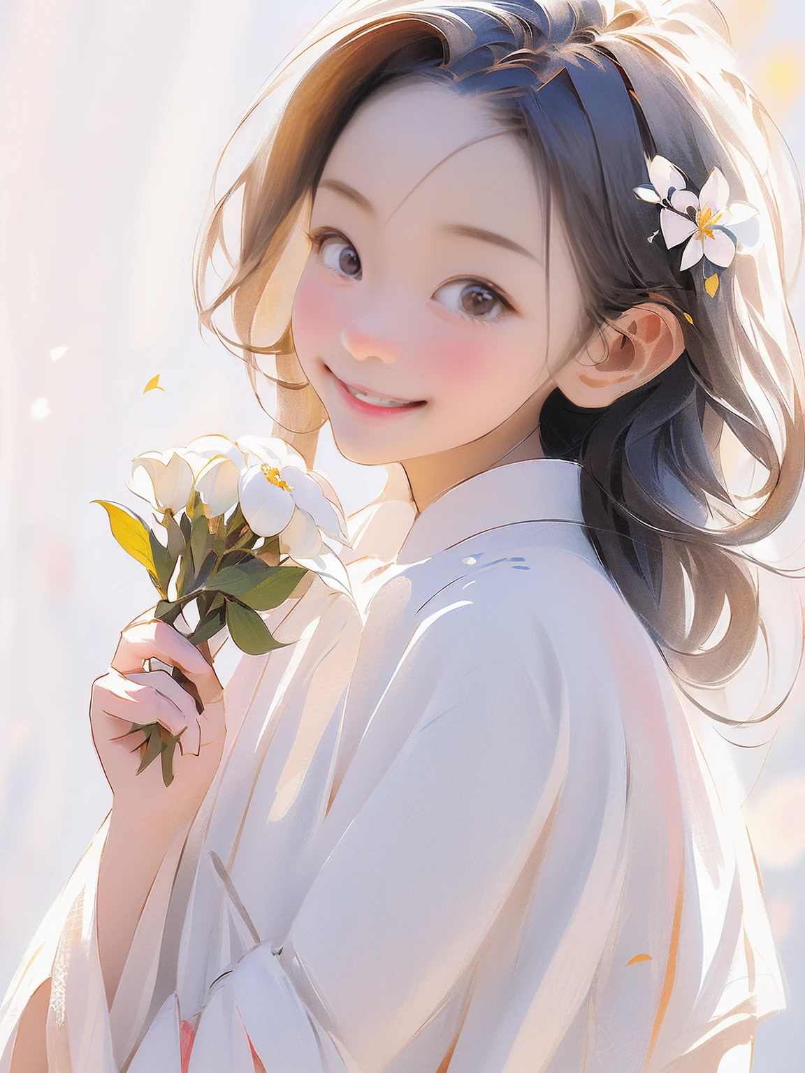 Vector illustration, a cute little Chinese girl holding a white flower in her hands and smiling at the camera, 3 years old, chibi, happy, expressive, portrait illustration, medium shot, Tang Dynasty white traditional dress, bright color scheme, blurred background , depth of field --ar 3:4 --s 400