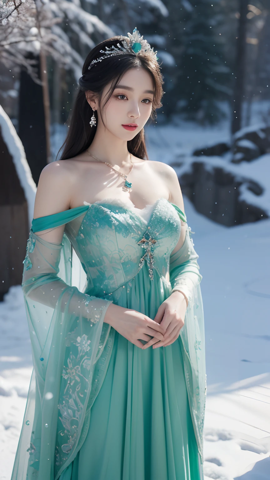 There was a woman in a green dress，Wearing a necklace,((a beautiful fantasy empress).inspired by Sim Sa-jeong，Azure.detailed hairs,winter snow falling princess,LCE Princess,Guvez-Steville artwork,8K)),fantasy aesthetic!.Guviz,Ice Queen,8k high-quality detailed art.