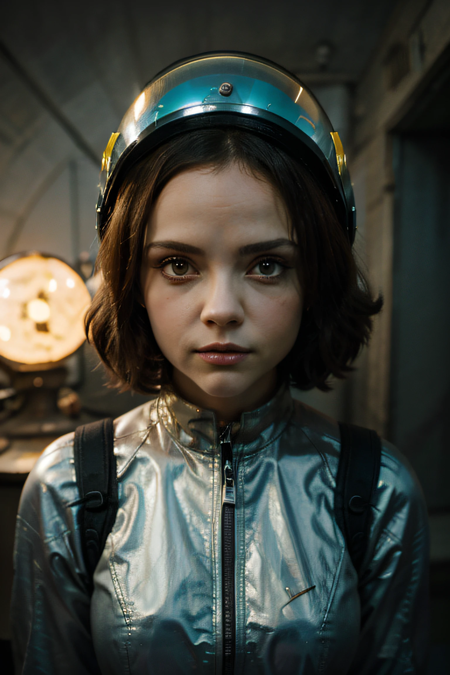 A Cracy Toon Rocketeer Space Girl like Christina Ricci with helmet, tongs in hands, Tv head, pinhead, Black and Yellow Pink Cyan Rusty, Ambient in a meteorite crater super detailed, center, beautiful, soft lighting, focused on the character, 4K resolution, photorealistic rendering,