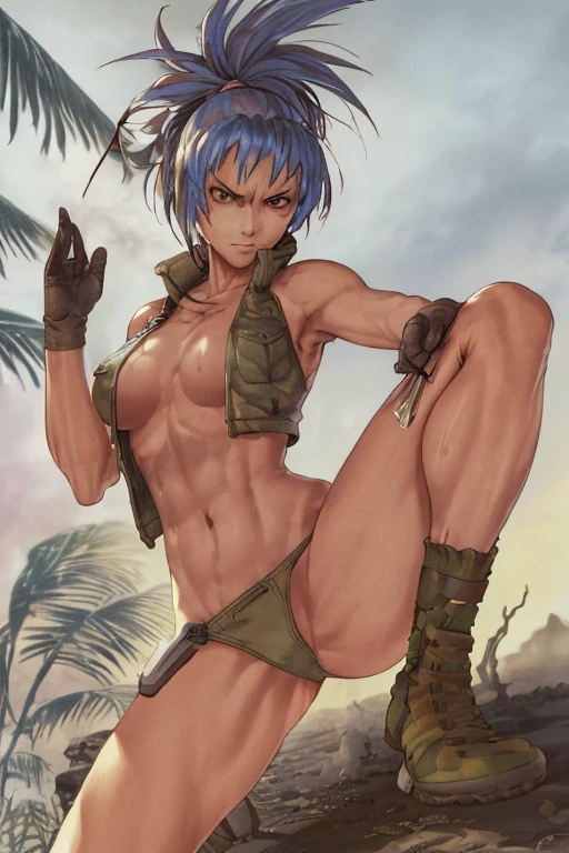 vest and panty,naked,serious,sexy pose,military,desert.Cammo,Sun,hot,guerrilla,tropical,wetting,leona from the king of fighters.