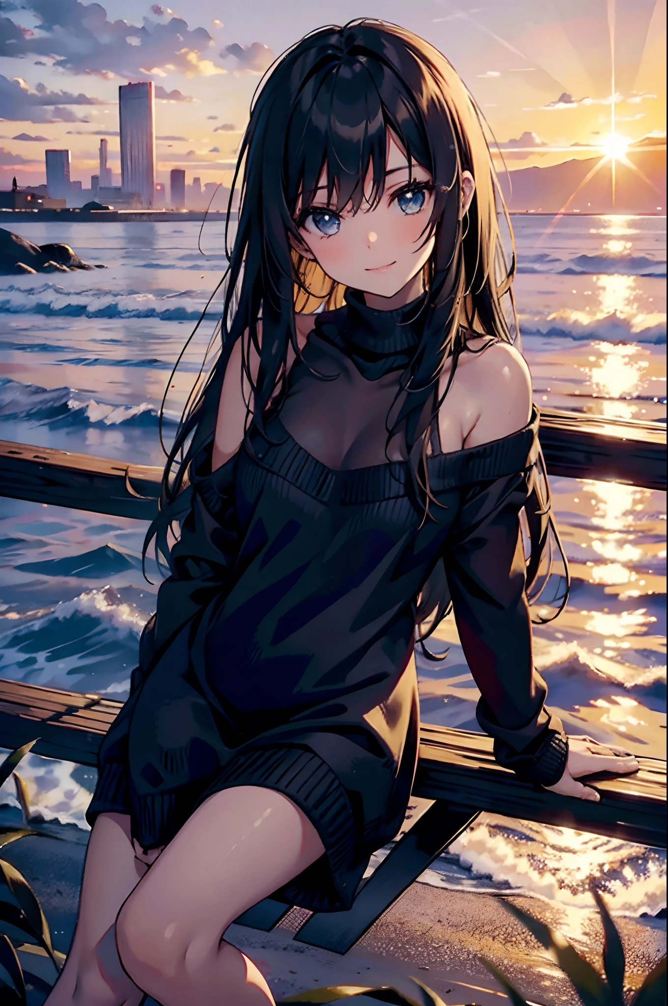 (dark scene, soft lighting, high saturated):1.4, vivid illumination, enchanting elegance, atmospheric depth, masterful technique, naturalistic representations, harmonious composition, creative refinement, striking juxtapositions,
(1girl, young beauty), sitting, smile, looking at viewer, from above, sharp focus, oversized_sweater,  shoulder,
((sunset)),volumetric fog, outdoors, backlight