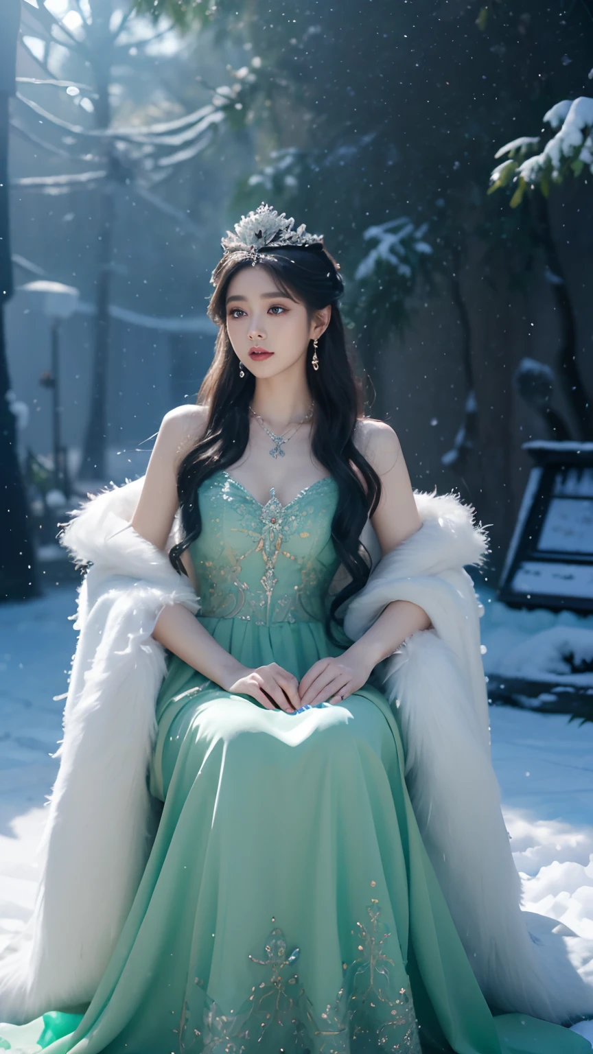 There was a woman in a green dress，Wearing a necklace,((a beautiful fantasy empress).inspired by Sim Sa-jeong，Azure.detailed hairs,winter snow falling princess,LCE Princess,Guvez-Steville artwork,8K)),fantasy aesthetic!.Guviz,Ice Queen,8k high-quality detailed art.