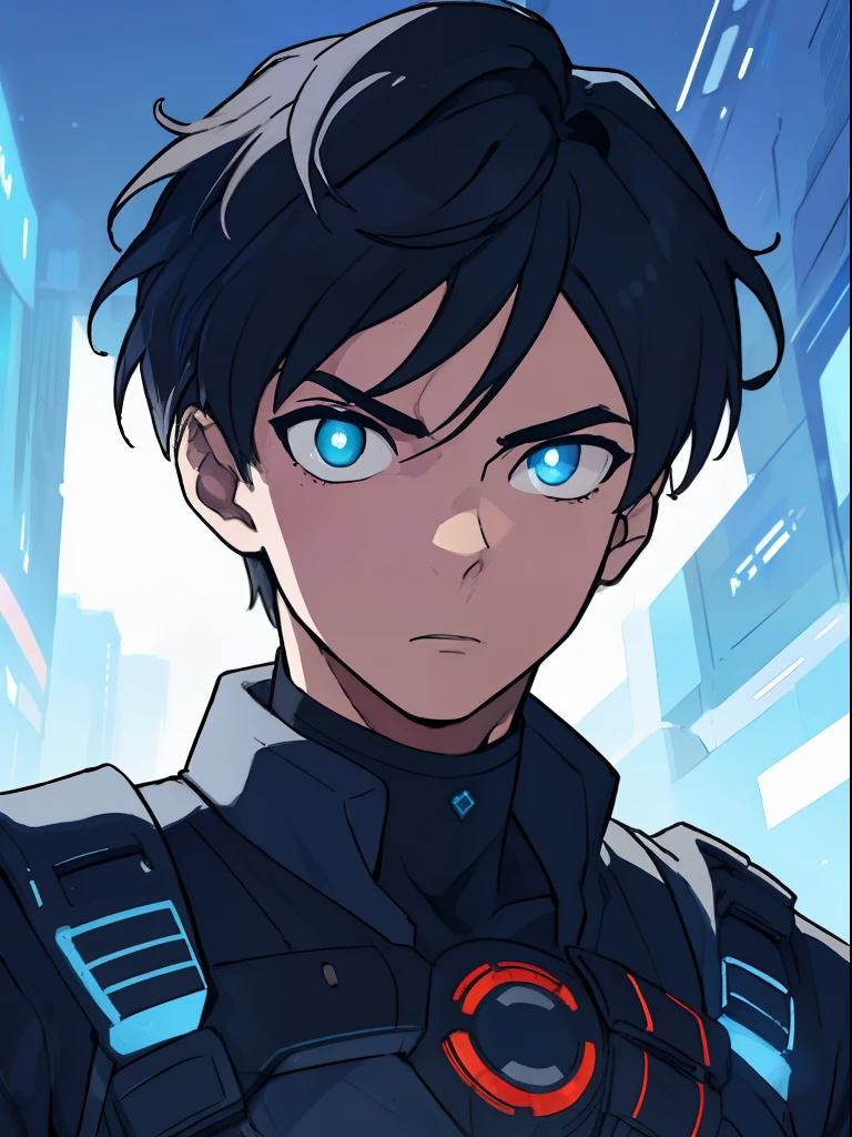 1boy,detailed portrait, realistic shading, intense gaze, short hair, dynamic pose, vibrant colors, traditional style, strong and confident expression, futuristic clothes, futuristic atribut, focused eyes, no background setting, strong lighting contrast,normal potrait pose,full visible head