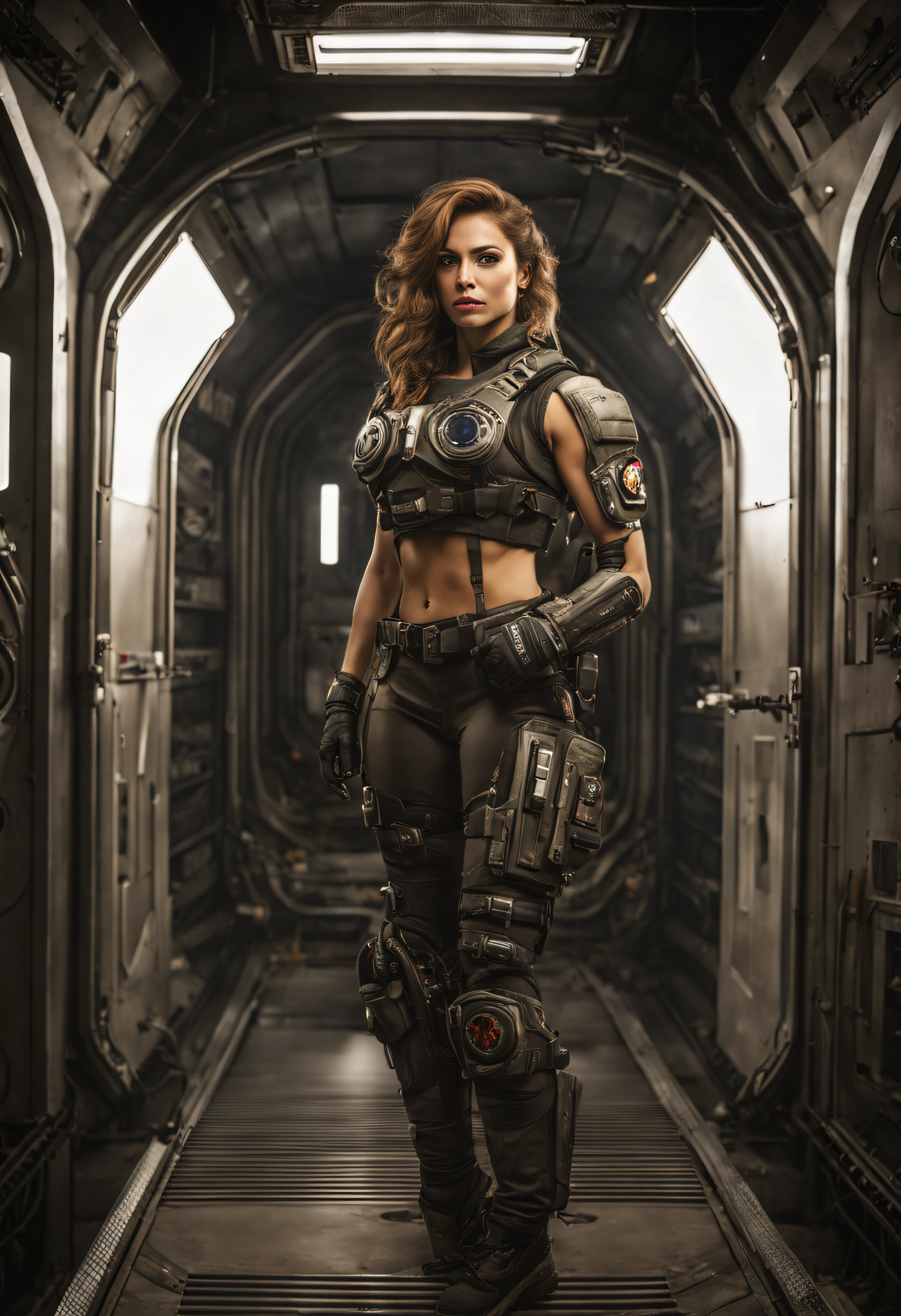 mujer alienigena extraterrestre, considerada como una de las razas mas bellas de la galaxia, con una cara, ojos y labios sensuales, vestida con uniforme sexy de gears of war, ((se encuentra en centro de control de estacion espacial)). hiperrealista, imagen nitida, 8k. imagen cinematografica. (intrincados detalles de la maquina), (obra maestra de calidad superior).