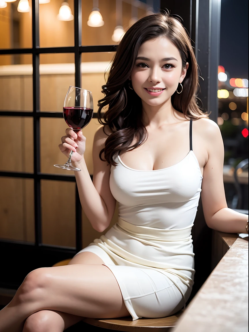 (64K, UHD, top quality, masterpiece: 1.2), (realistic, photorealistic: 1.37), super detailed, pretty woman 1, (slim face), (slim body), (brown hair), (short cut), cheeks slightly blushing, (40 years old), 38 years old, solo, beautiful detailed urban night view outside the window, restaurant, wine glass sitting, at night, in a prominent place (from the waist up) NovaFrogStyle, Actress, Model, Waist Up, White Wine, Slim, Wine Glass, Super Clean Night View, Wine Glass Put in the Middle, Happy Smile, (Smile: 1.15), Beautiful Fine Eyes, Upper Body, Bust Japan Up, Night, Short, Short, Actress, Model, Waist Up, White Wine, Slim, Wine Glass, Super Clean Night View, Wine Glass Put in the Middle, Happy Smile,