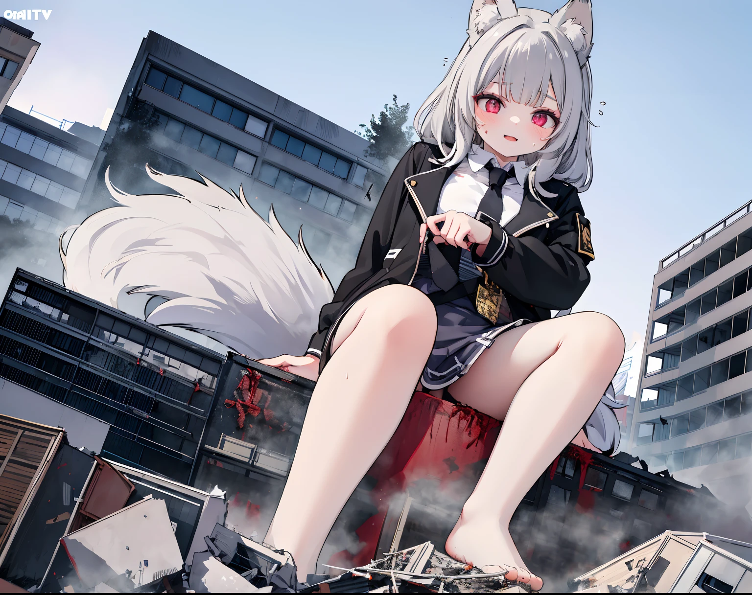 1girll, 16 yaers old, full bodyesbian, Bigger than the building,No shoes,{Black stockings},Black jacket with white shirt ,Blue tie,Dark gray hair,Wolf ears,Light red eyes,A cold expression, Destroyed buildings, Sit on a destroyed building,The one who was trampled to death,blood on ground,GTSCity, As a giantess, Bright pupils, Smile, Naughty face, 16k, High quality, High details, Anatomically correct, Textured skin,The feet emit steam,
