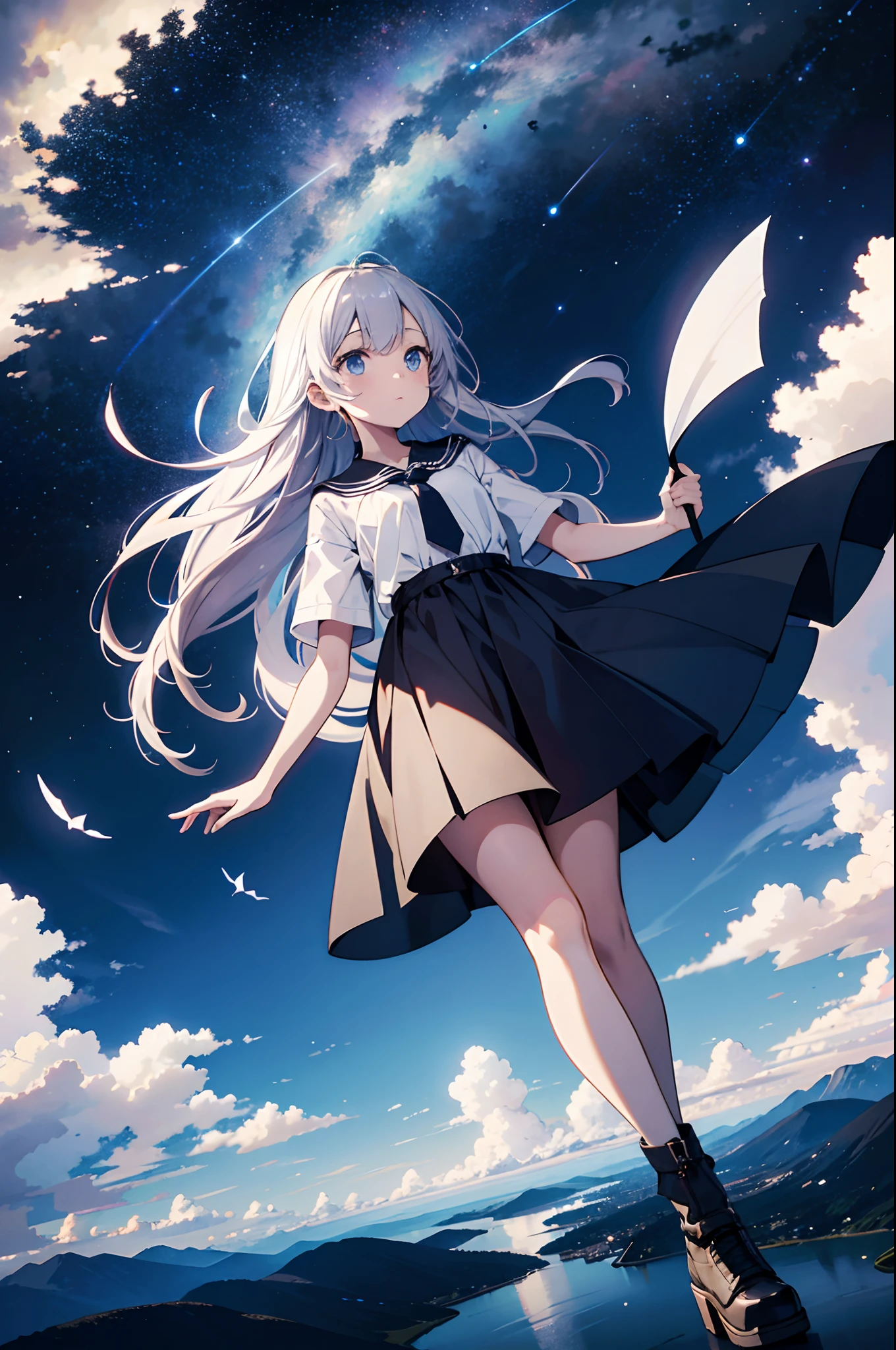 absurdres, highres, (official art, beautiful and aesthetic:1.2), close view,
1girl, shining sky, vast world, gazing, awe-inspiring expression, distant horizon, clouds, high hill, natural beauty, inspiration, night sky, Shining Stars,