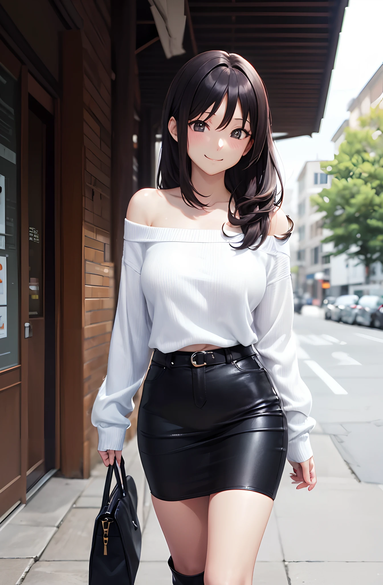 (masutepiece:1.5)、(top-quality:1.5)、(16k wallpaper:1.2)、(Photorealsitic:1.2)、(ultra-detailliert:1.2)、(超A high resolution:1.2)、(a couple:1.3)、Town、Walking、super-detaild skin、Detailed and clean eyes、Natural Color Lip、White off-shoulder knit、Black tight miniskirt and knee-length boots、Semi-long bob hair、large full breasts、Shy smile、Full body like