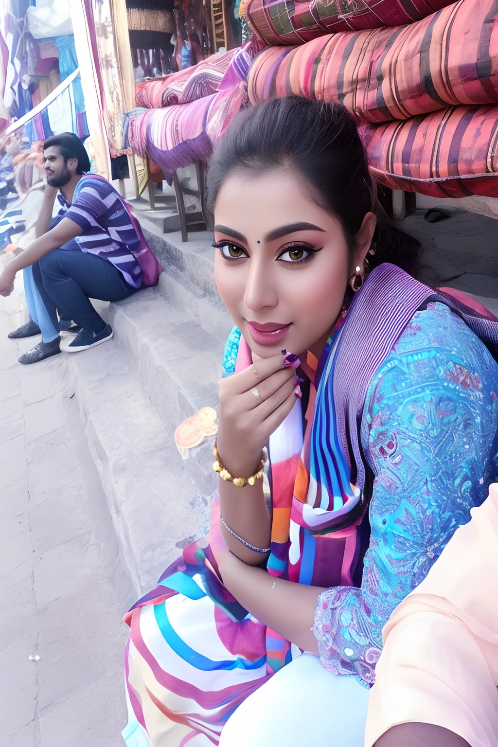full body shot of smiling pakistani beauty in a summer festival, (extremely detailed CG unity 8k wallpaper),face incredibly detailed, lips, realistic, solo,medium breasts,skin tight, puffy , facial, masterpiece,best quality, Intricate, High Detail, dramatic,
