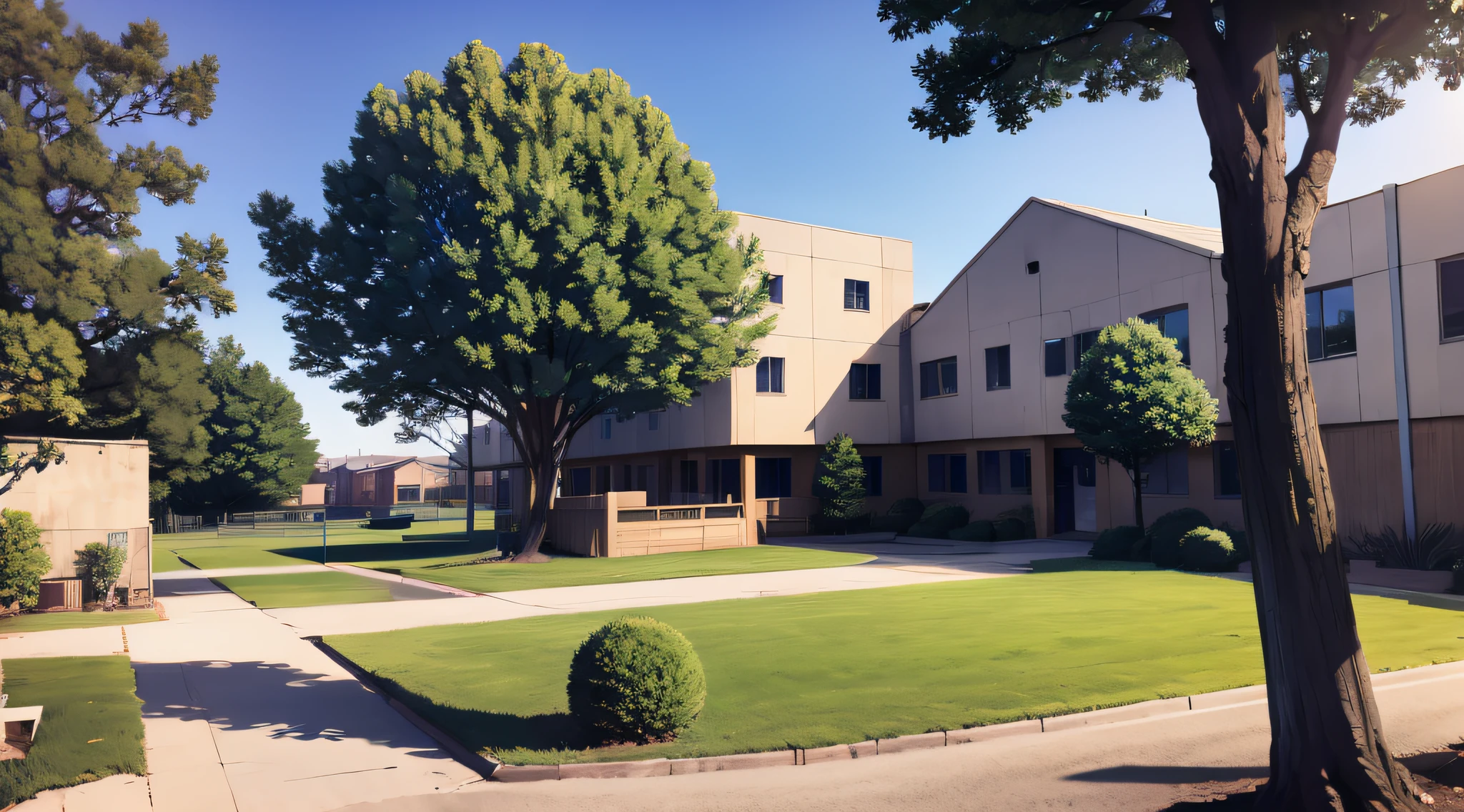 a school building with playground and trees in front view