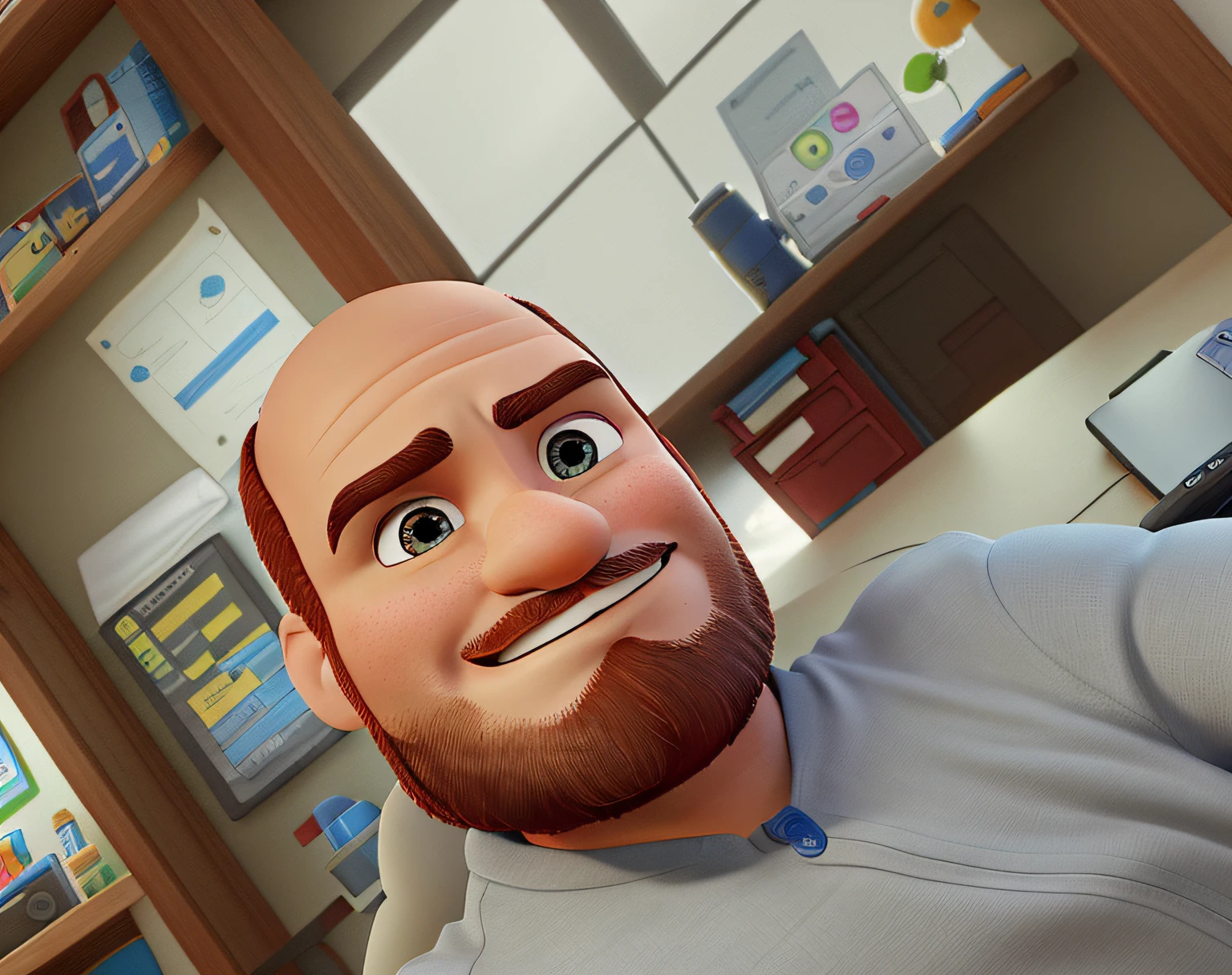 Homem careca com barba ruiva ao estilo pixar disney numa loja cheia de computadores para reparar, melhor qualidade, alta qualidade