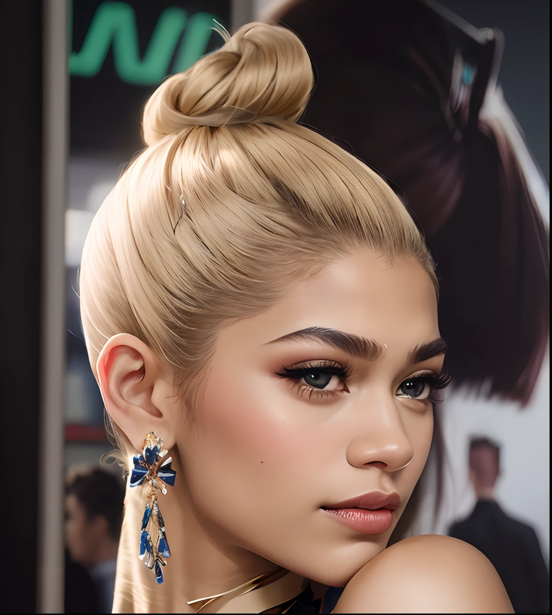 um close up de uma mulher com um bom coque coque, Zendaya, Retrato de Zendaya, "Zendaya, Topknot, Zendaya como She-Hulk, com cabelos escuros amarrados em um coque, cabelo amarrado em um coque, girl with messy bun hairstyle, brasileiro, Penteado meio updo, coque apertado