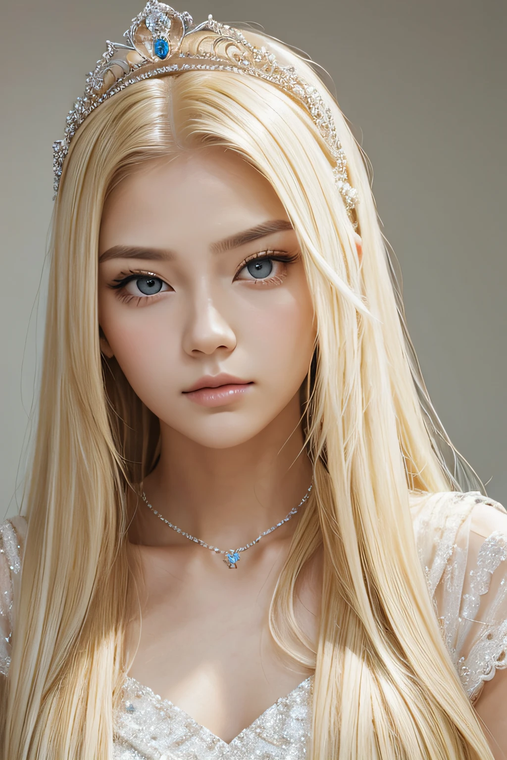 Princess, blonde, middle parted hair, white skin, beautiful, straight hair, clear face, wearing tiara, glaring, looking at viewer