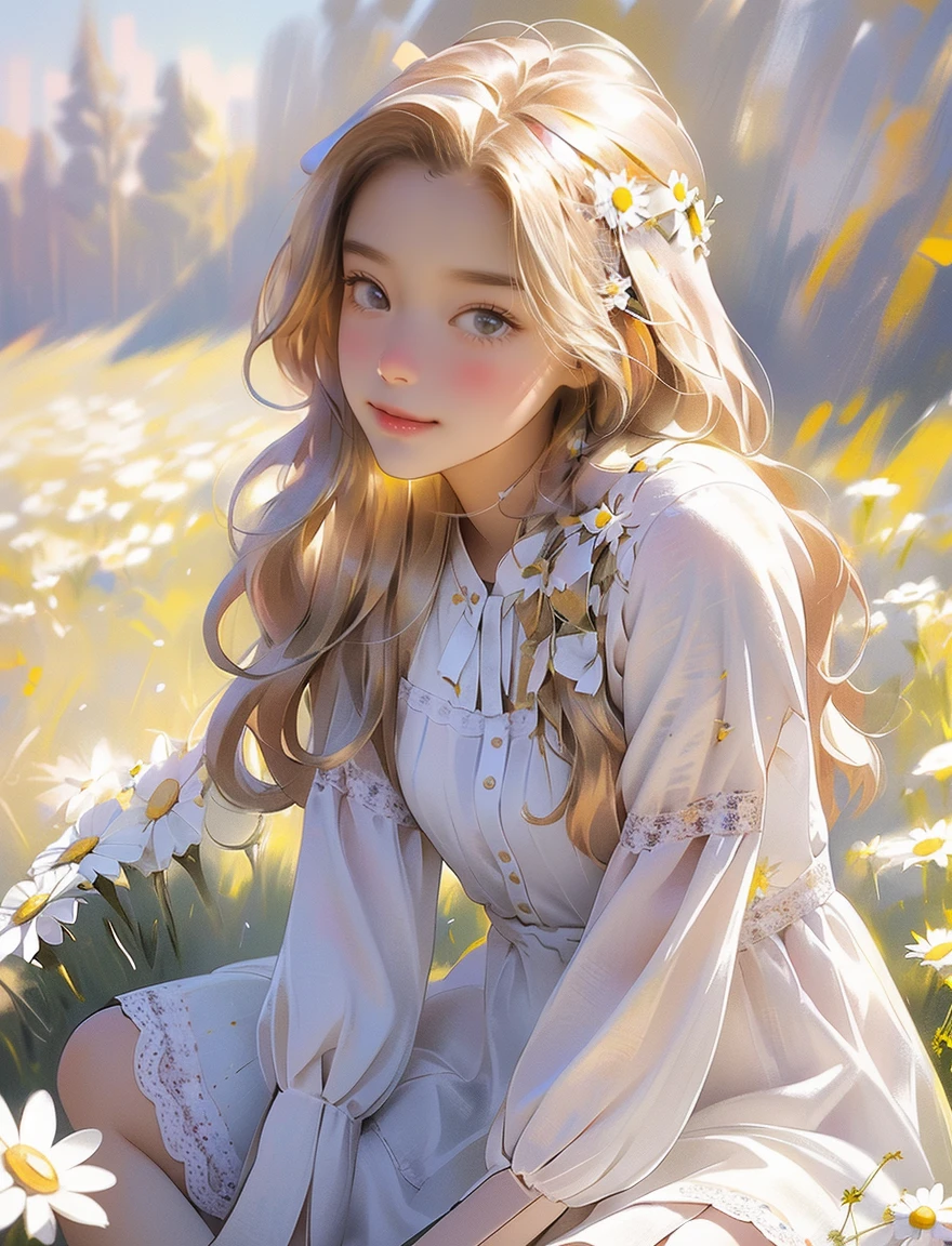 Daisy 's Dream： In a sunny field，An innocent and cute teena wears a white dress，She sat on a meadow full of daisies，Holding a garland in his hand。Her eyes revealed innocence and joy，Surrounded by white and yellow daisies，The whole scene is full of childlike fun and joy。