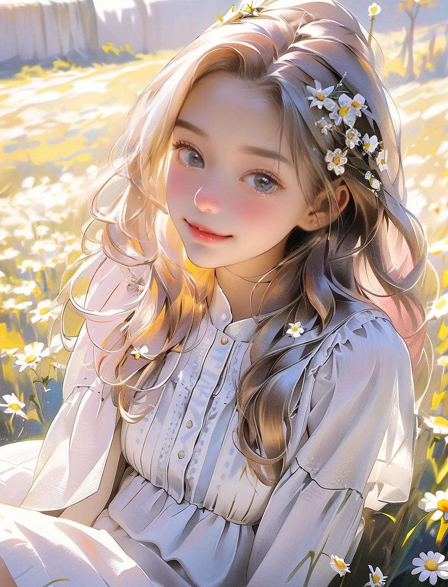 Daisy Child's Dream： In a sunny field，An innocent and cute teenage girl wears a white dress，She sat on a meadow full of daisies，Holding a garland in his hand。Her eyes revealed innocence and joy，Surrounded by white and yellow daisies，The whole scene is full of childlike fun and joy。