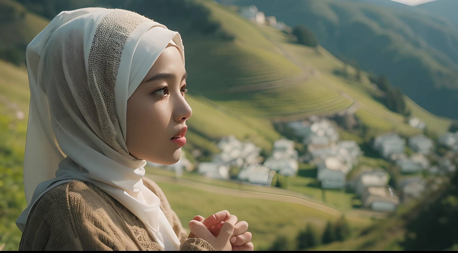 Position the Malay girl in hijab inside a colossal hourglass, where she's embarking on a time-traveling adventure as the sands flow around her. 35mm, over-the-shoulder shot,cool-toned color grading, Deep Focus cinematography effect, Natural Lighting, high quality, ultra detail, 8k resolution.