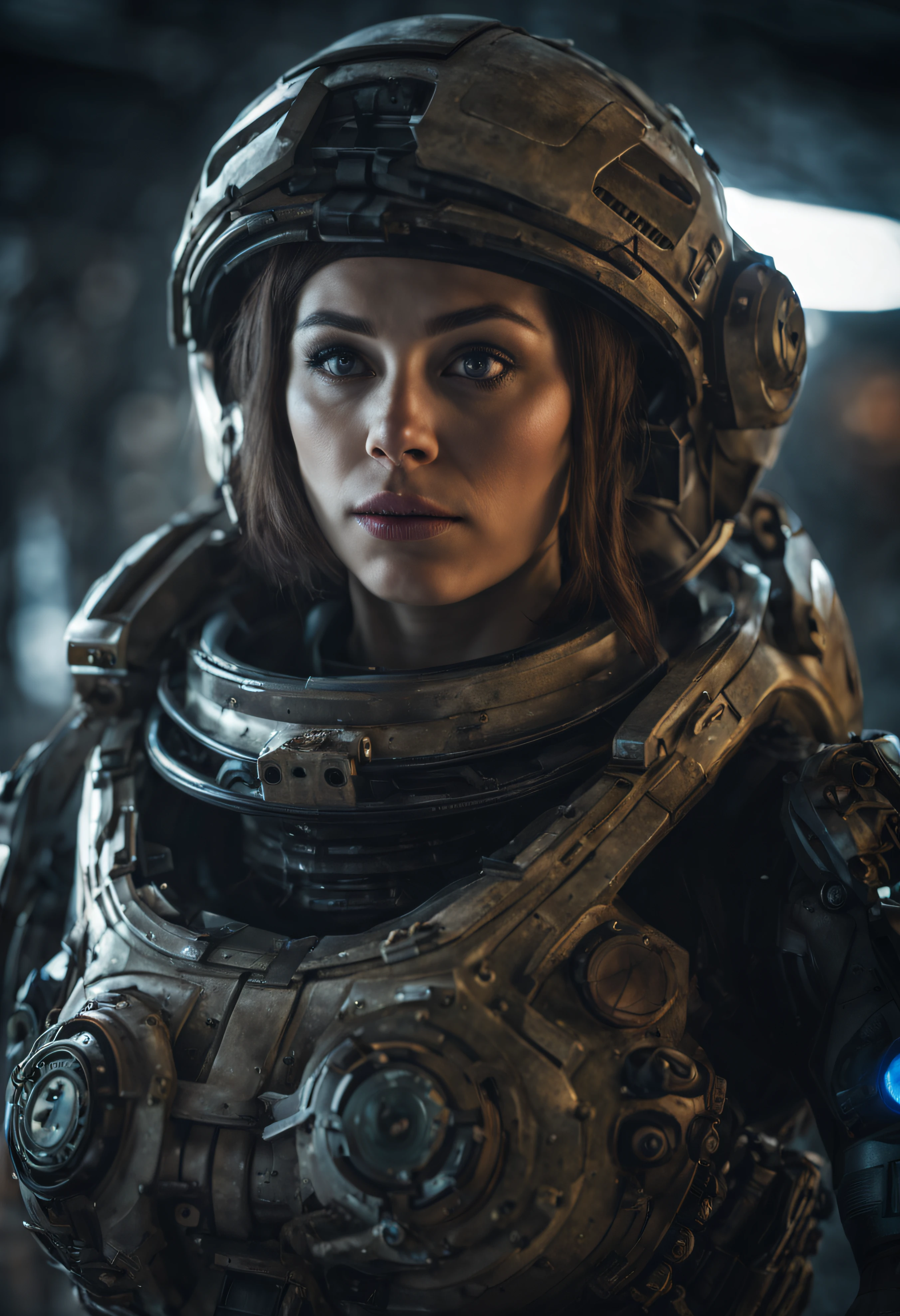 mujer alienigena extraterrestre, considerada como una de las razas mas bellas de la galaxia, con una cara, ojos y labios sensuales, vestida con uniforme sexy de gears of war, ((se encuentra en centro de control de estacion espacial)). hiperrealista, imagen nitida, 8k. imagen cinematografica. (intrincados detalles de la maquina), (obra maestra de calidad superior).