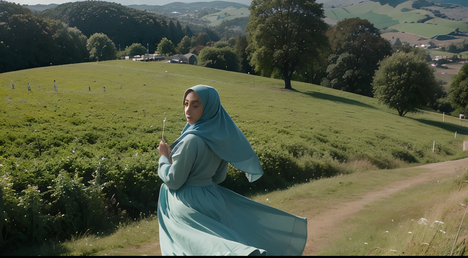 Craft a film still inspired by 'The Sound of Music,' featuring a Malay girl in hijab standing on a picturesque hillside, surrounded by rolling green hills and singing. Use a long lens to emphasize the vast landscape. 35mm lense, Top-Down Shot, Deep Focus cinematography effect, Natural Lighting, cool-toned color grading, high quality, ultra detail, 8k resolution,