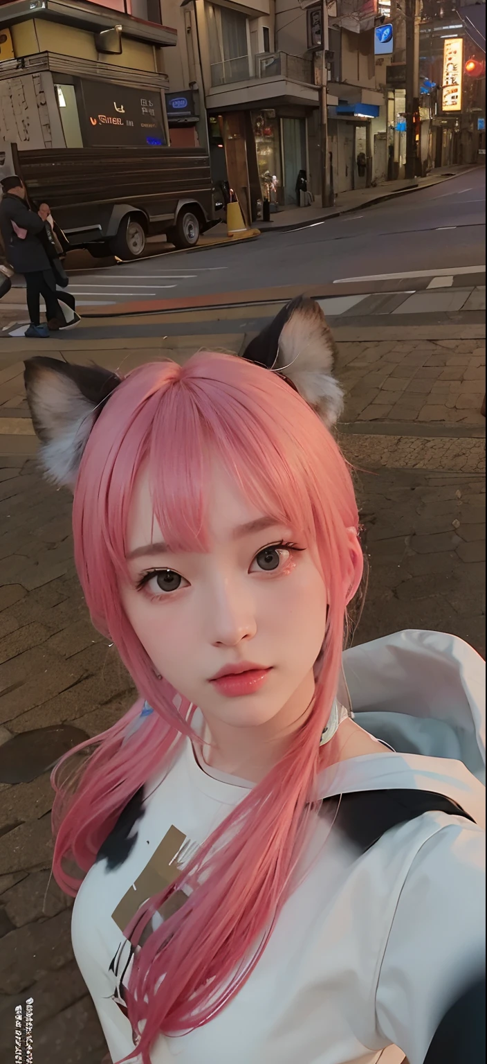 ((Pink Hair))、((Pink Hair))、((Twin tails))、((Highest quality、8k、masterpiece))、((Landmine Girl))、((Highest quality、8k、masterpiece))、Sharp focus:1.2、((Big smile))、(((Small fox ears)))、Cute 17 year old girl with perfect figure:1.4、Slim Abs:1.2、((Dark brown hair))、street:1.2、Highly detailed face and skin texture、fine grain、The chest is exposed、double eyelid、shoulder、Close-up of a woman in a kimono posing for a photo、Japanの女神、Japan人モデル、white、((Small breasts))、Shrine maiden costume、Japan、Drawing attractive anime girls。Cleavage