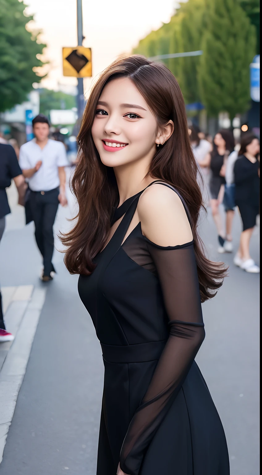 A perfect young female white-collar worker,Chinese,High picture quality,Works of masters,Black hair,Long hair flowing over the shoulders,cropped shoulders,clavicle,exquisite face,Hydrated red lips,,Real Human,( shopping mall background:1.5),CG rendering,16k, Blurred background, (full body shot), Shooting from a distance,eyes look straight into the lens, smiles, Very detailed, wallpaper, depth of field, movie light, lens flare, Ray tracing, live stre , smiles, Do not show your hands,Close-up shot