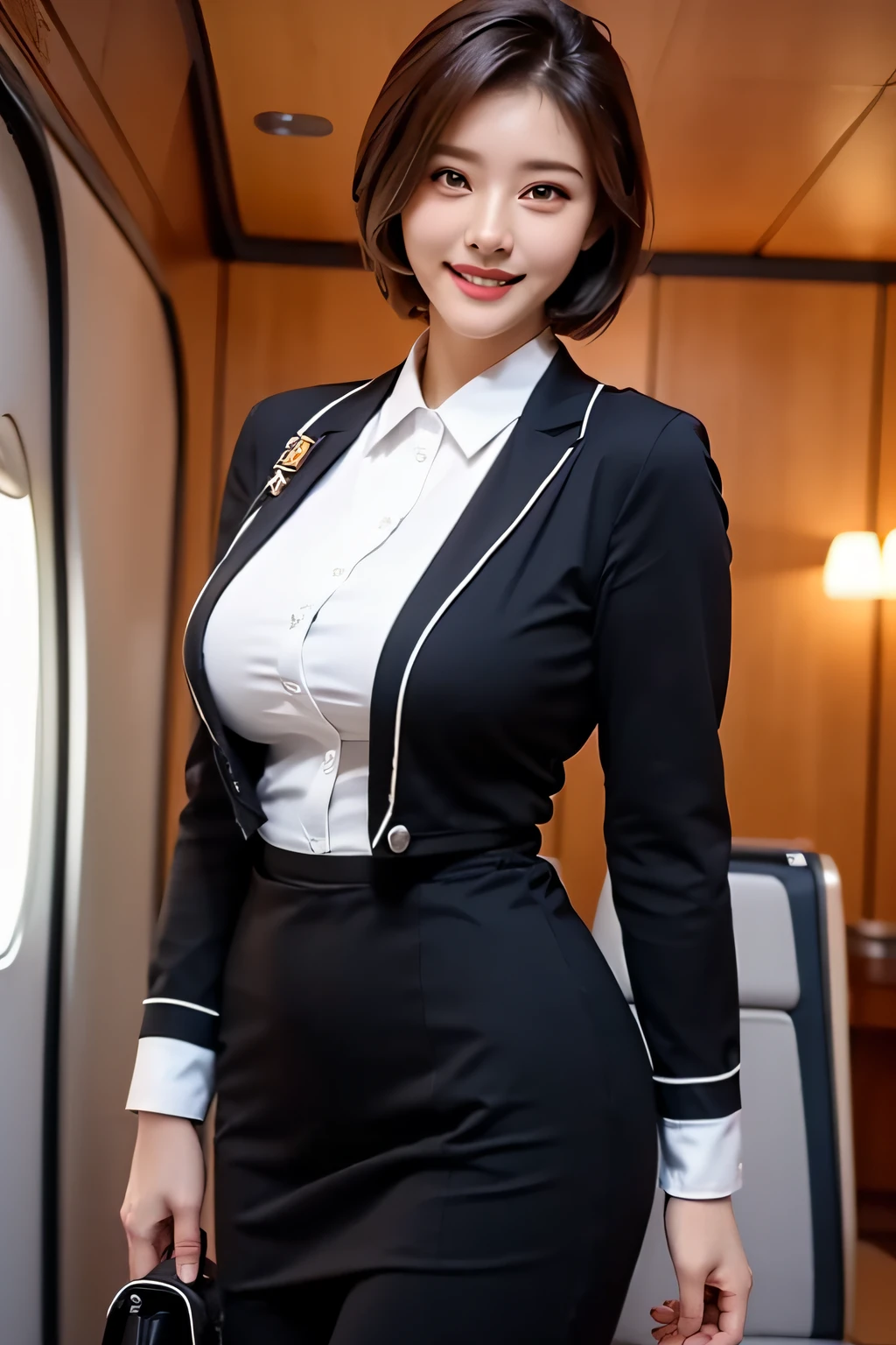 (The Ultimate Beautiful Japan Married Woman), 50s, hyperdetailed face, Detailed lips, (big eye:1.4), Double eyelids, Short brunette hair, (grin)、(White shaping teeth), (cparted lips), ((While wearing cabin-attendant's uniform:1.4))、((large full breasts)), thighs thighs thighs thighs、(Cowboy Shot:1.3), Perfect fit, depth of fields、Perfect image realism, Background with:((On the plane))、细致Background with, detailed costume, Perfect litthing、Hyper-Realism、Photorealsitic、8K maximum resolution, (​masterpiece), ighly detailed, Professional